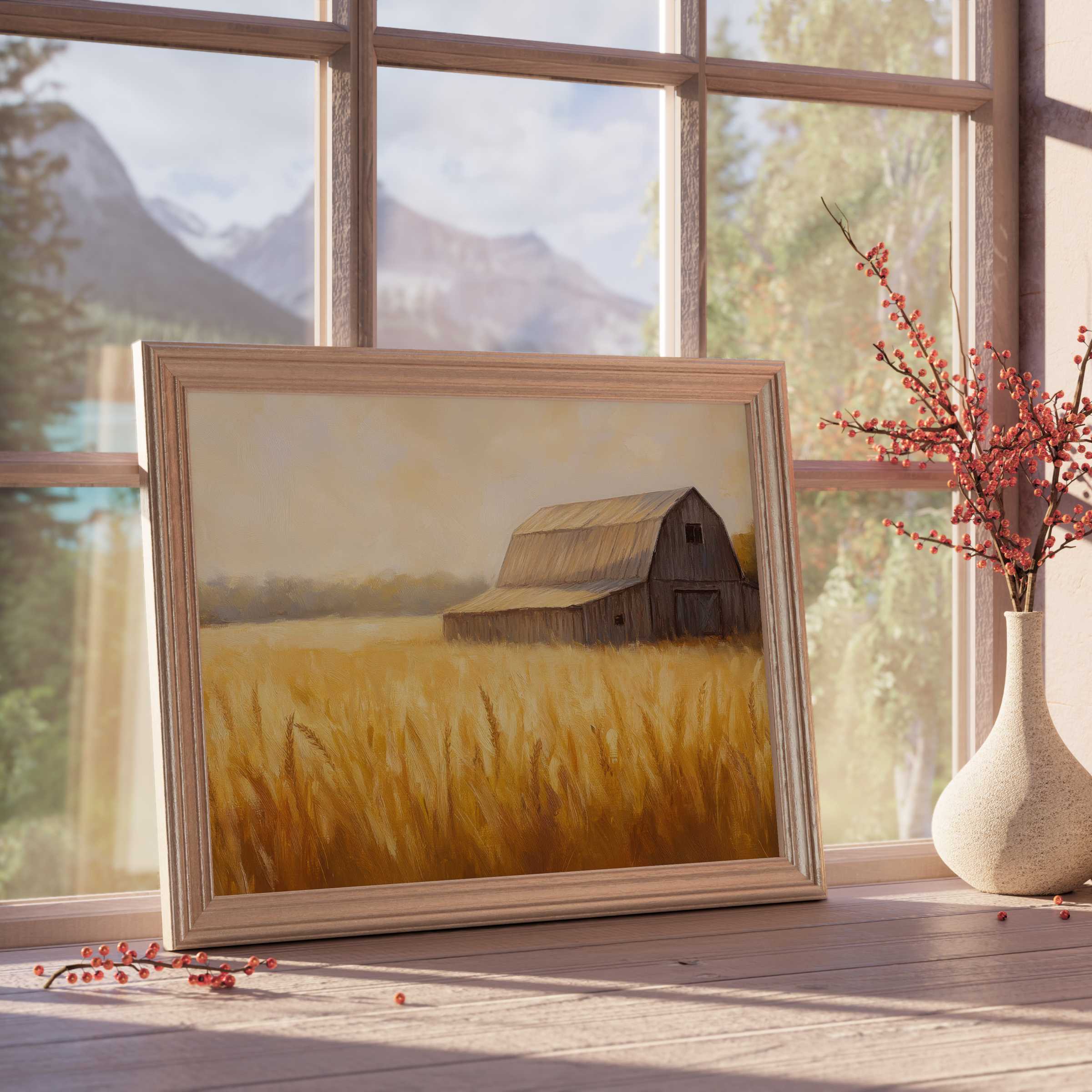 Farmhouse downloadable art capturing warm golden fields and rustic charm, elevating serene, curated interiors with timeless elegance