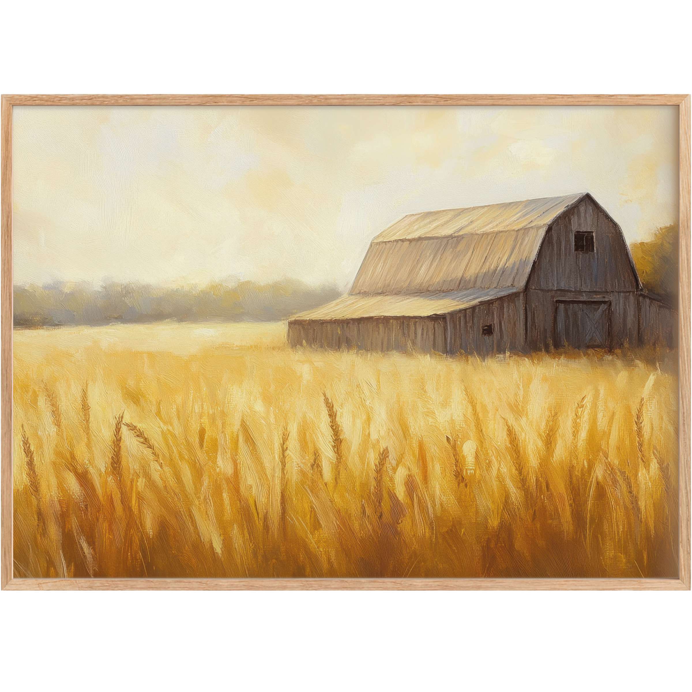 Rustic warmth radiates from this farmhouse printable wall art, with golden wheat fields and a weathered barn evoking serene countryside calm