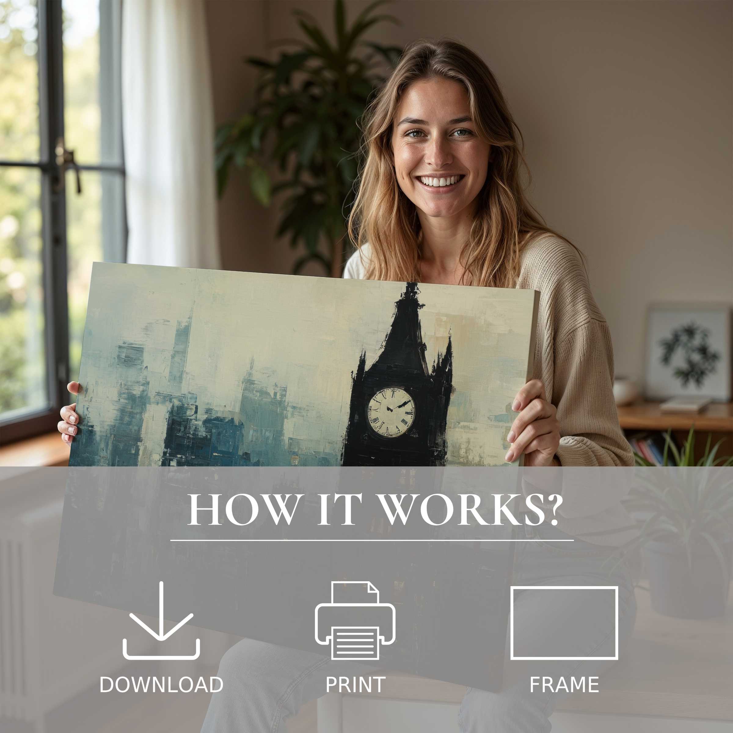 Woman in a serene, stylish home shares joy through an urban digital art print, capturing timeless elegance and easy sophistication