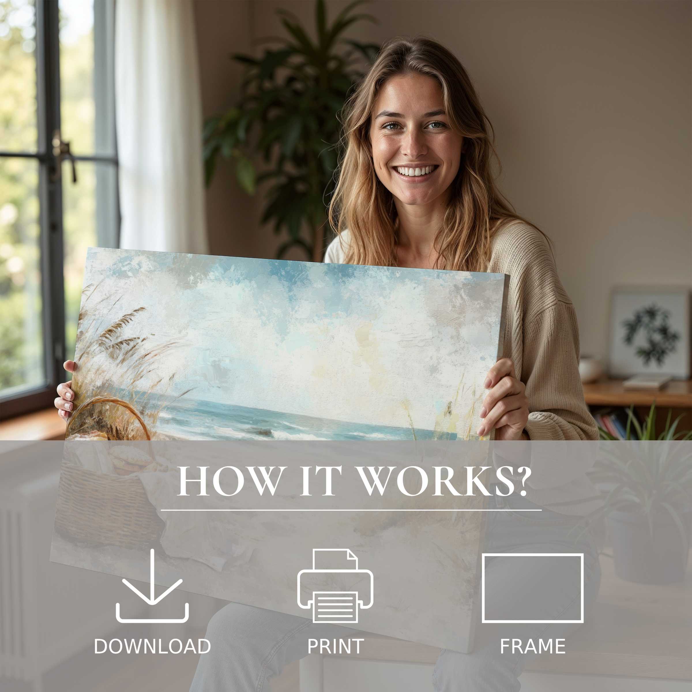 Coastal digital art print bringing serene seaside hues and joyful warmth to elevate modern living spaces with effortless elegance