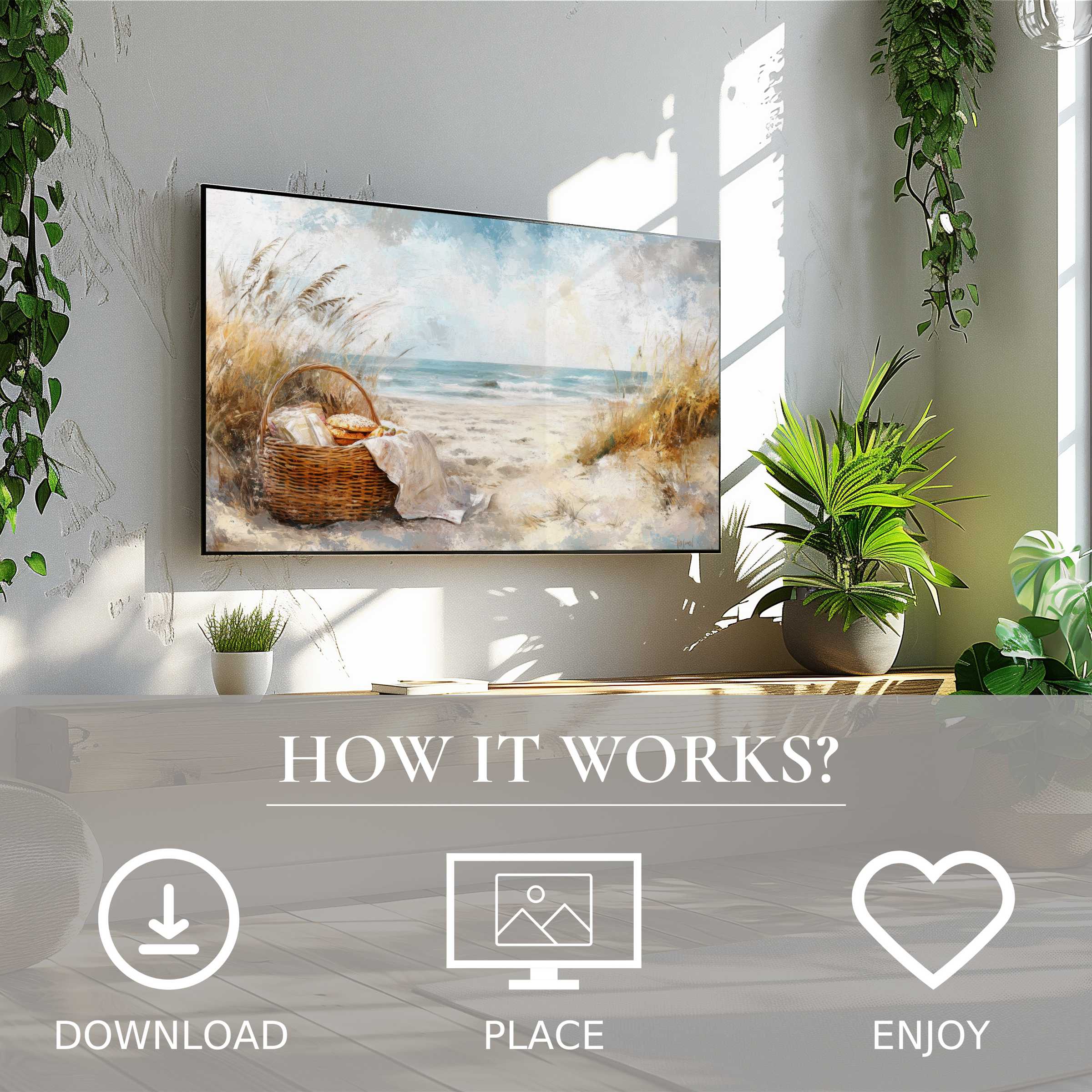 Coastal art for Samsung TV with soft beach tones, easy digital download, enriching modern living spaces with warmth and calm