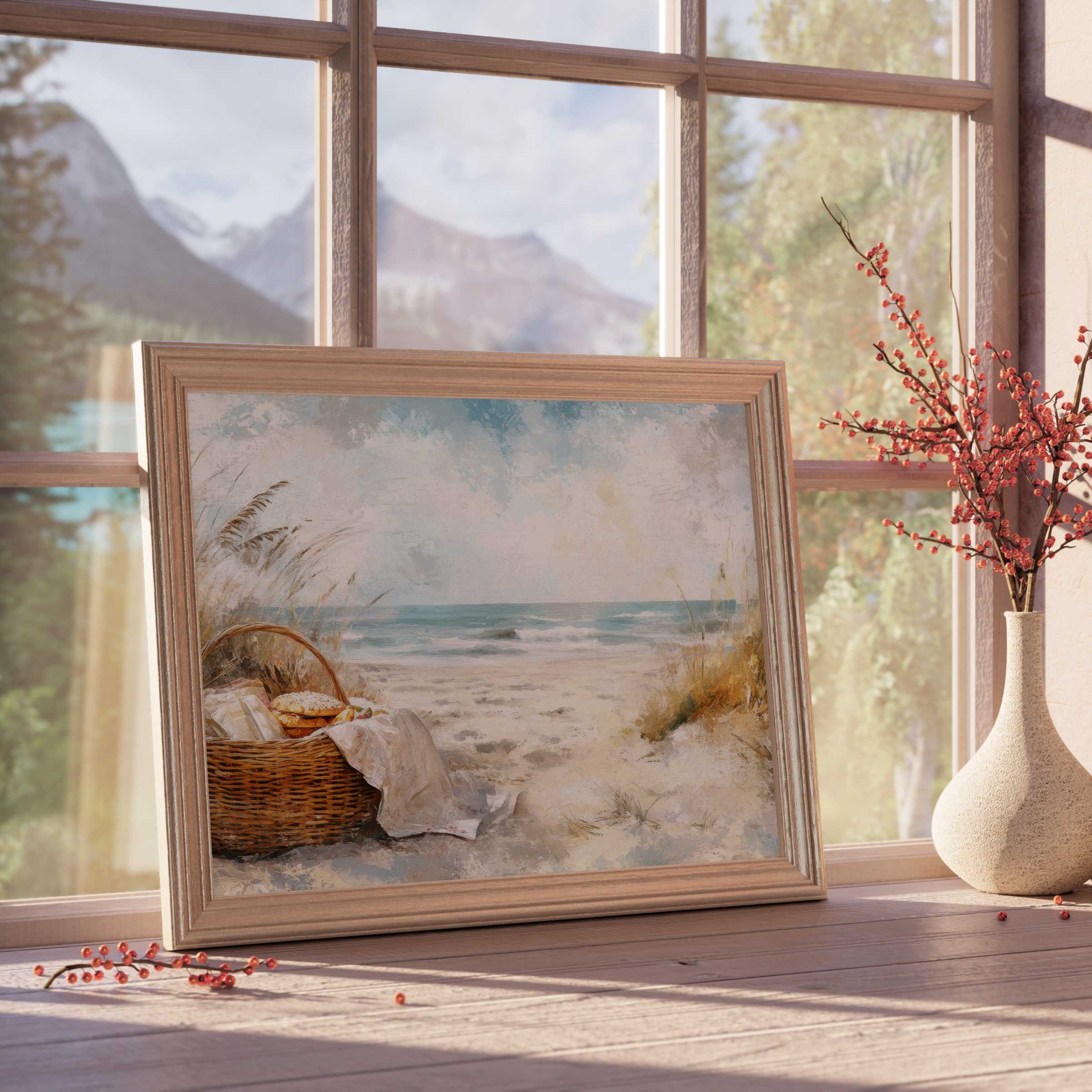 Coastal downloadable art capturing serene beach vibes with woven basket details, enhancing tranquil, design-forward interiors