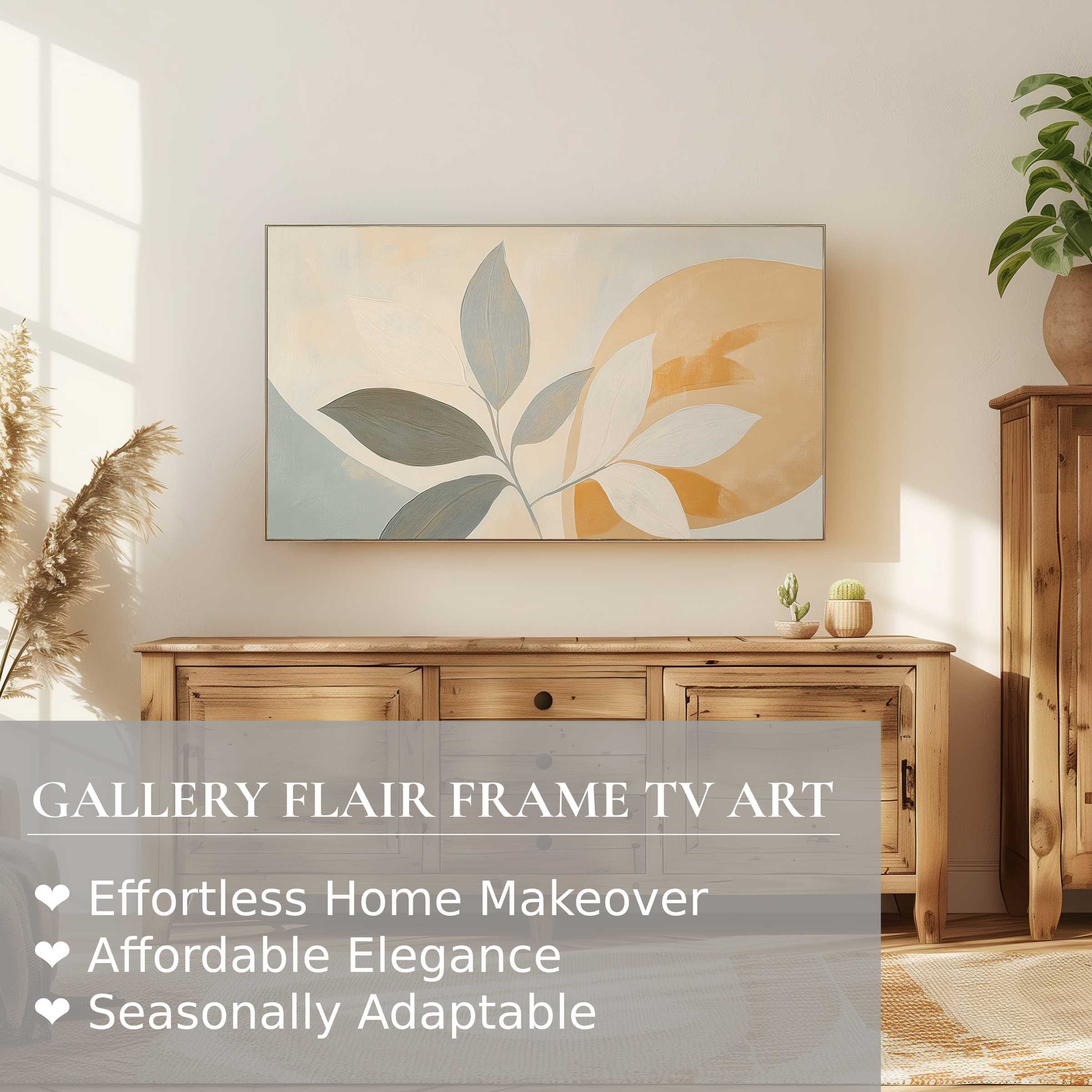 Modern living room with Samsung Frame TV displaying elegant botanical digital artwork in muted earthy tones