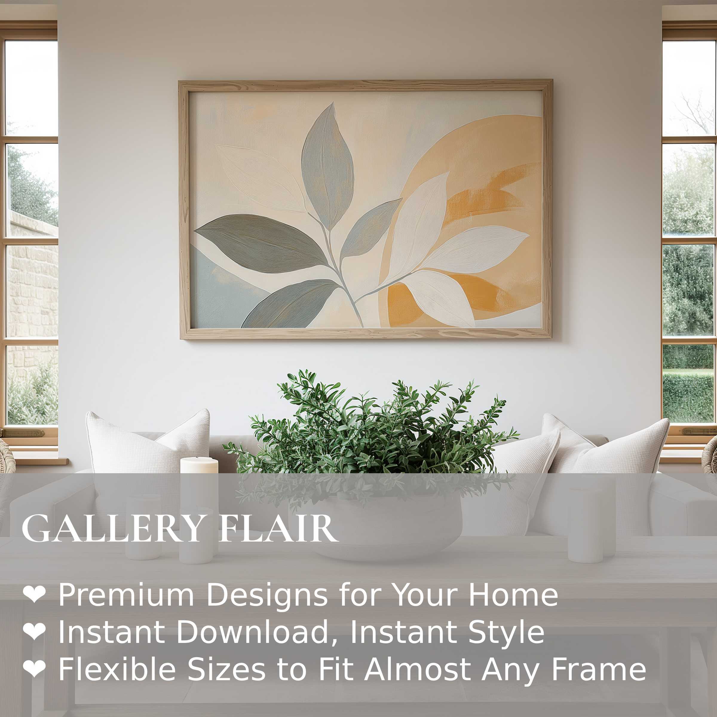 Botanical wall art print with soft earthy tones and minimalist leaf design enhances serene modern living rooms with natural warmth