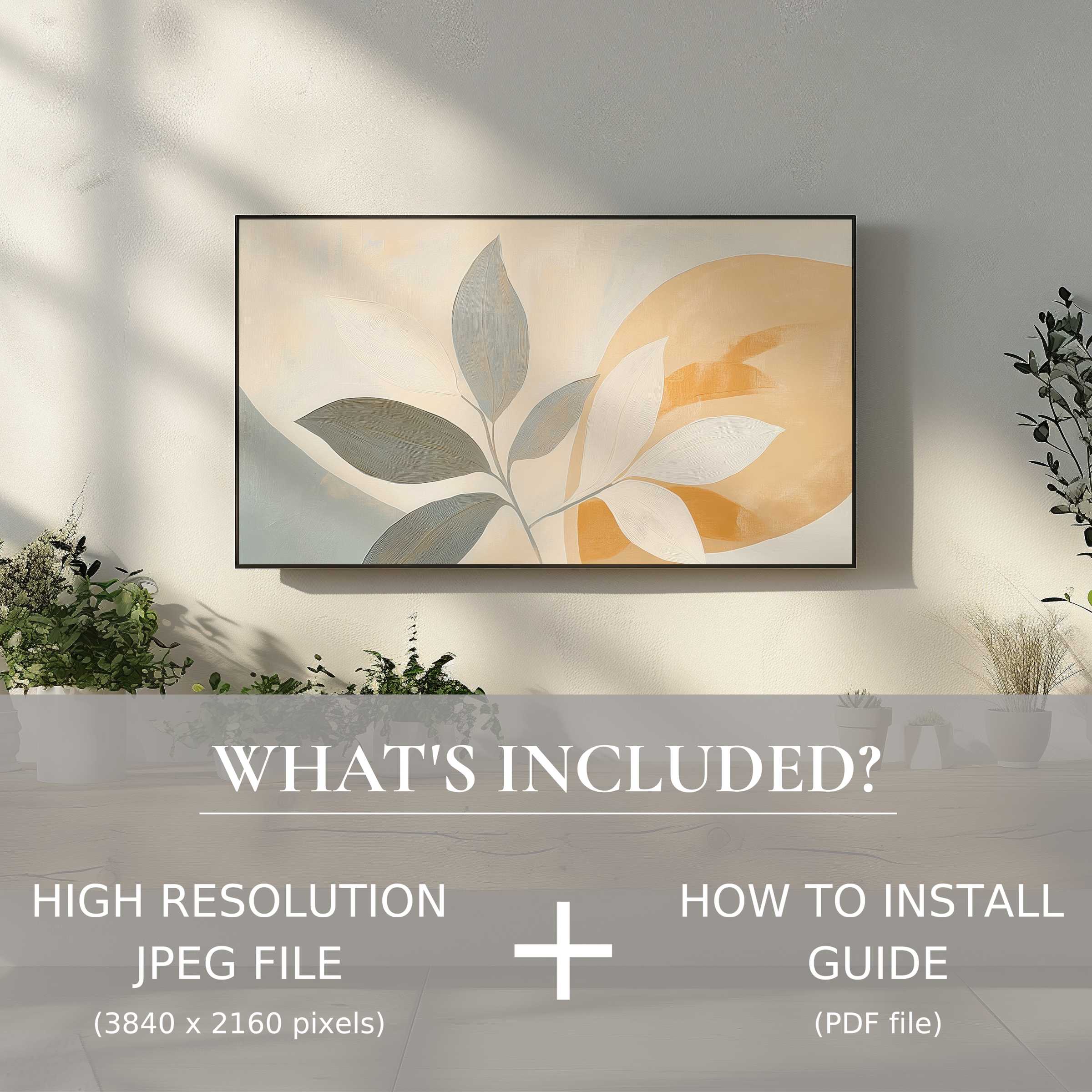 Elegant botanical digital TV art download enhances modern living spaces with easy, stylish digital use and warm natural tones