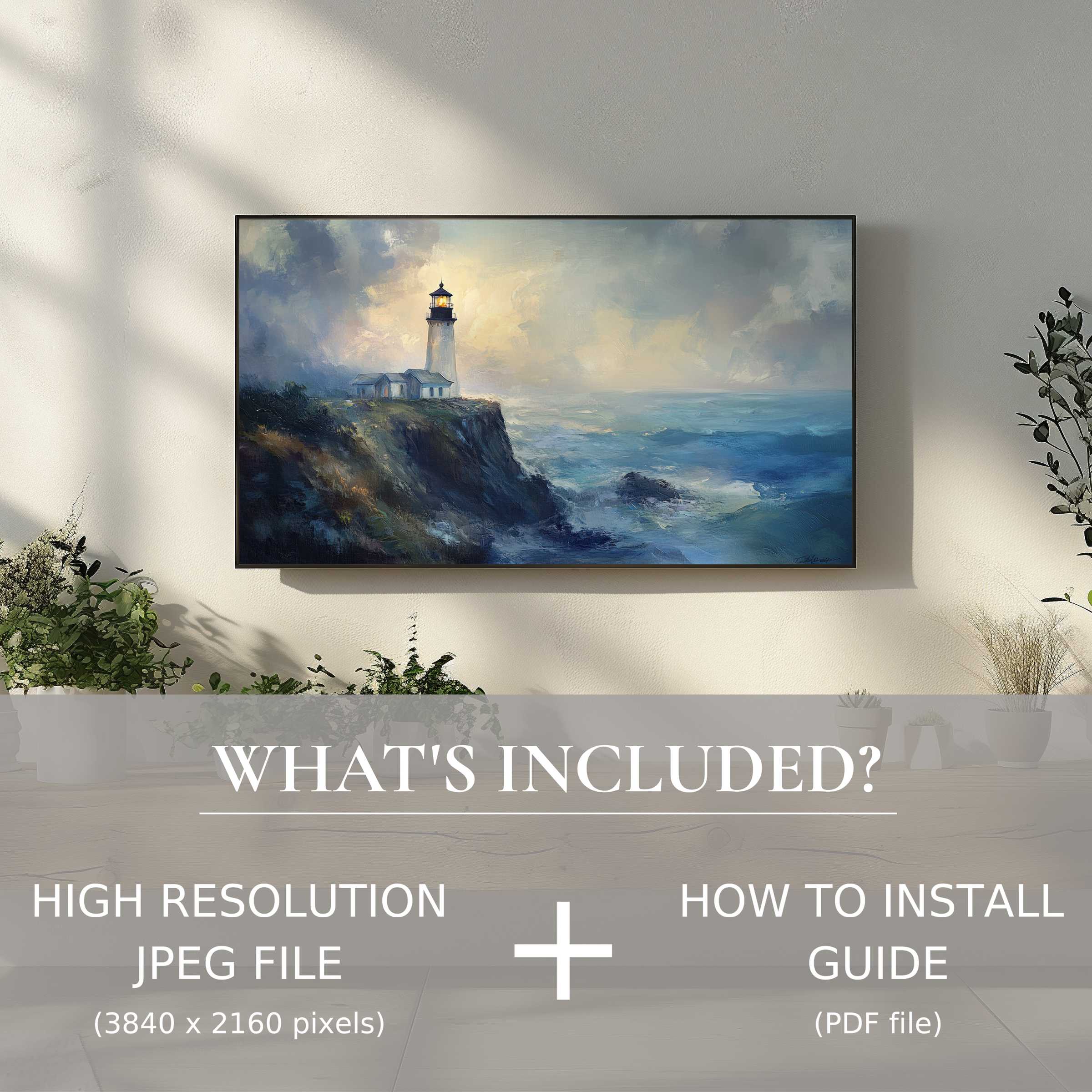 Elegant beach digital TV art download with lighthouse scene, easy digital use enhances and enriches living space décor