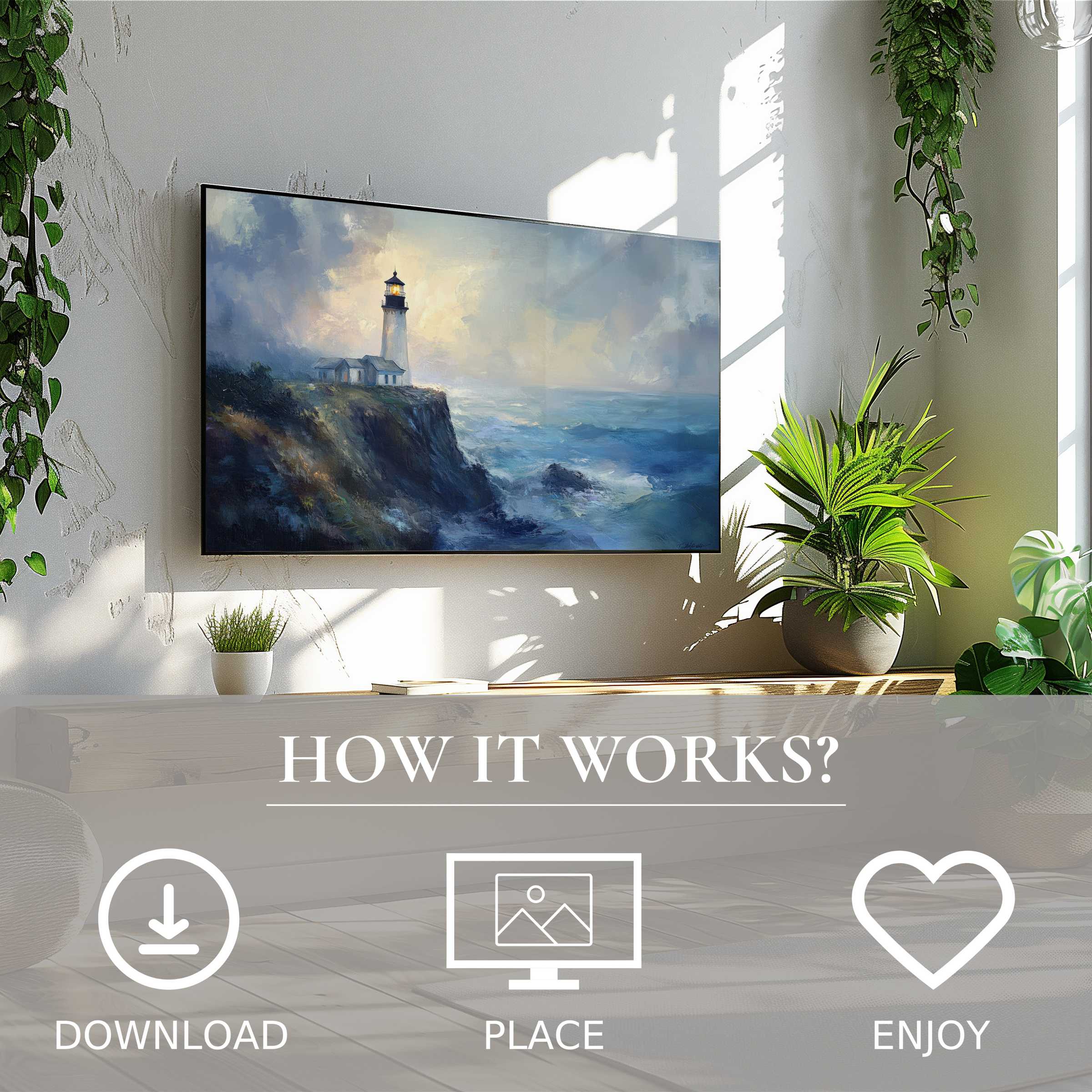 Beach art for Samsung TV shows soft sunset tones and lighthouse motif, easy digital download enhances chic, modern living spaces