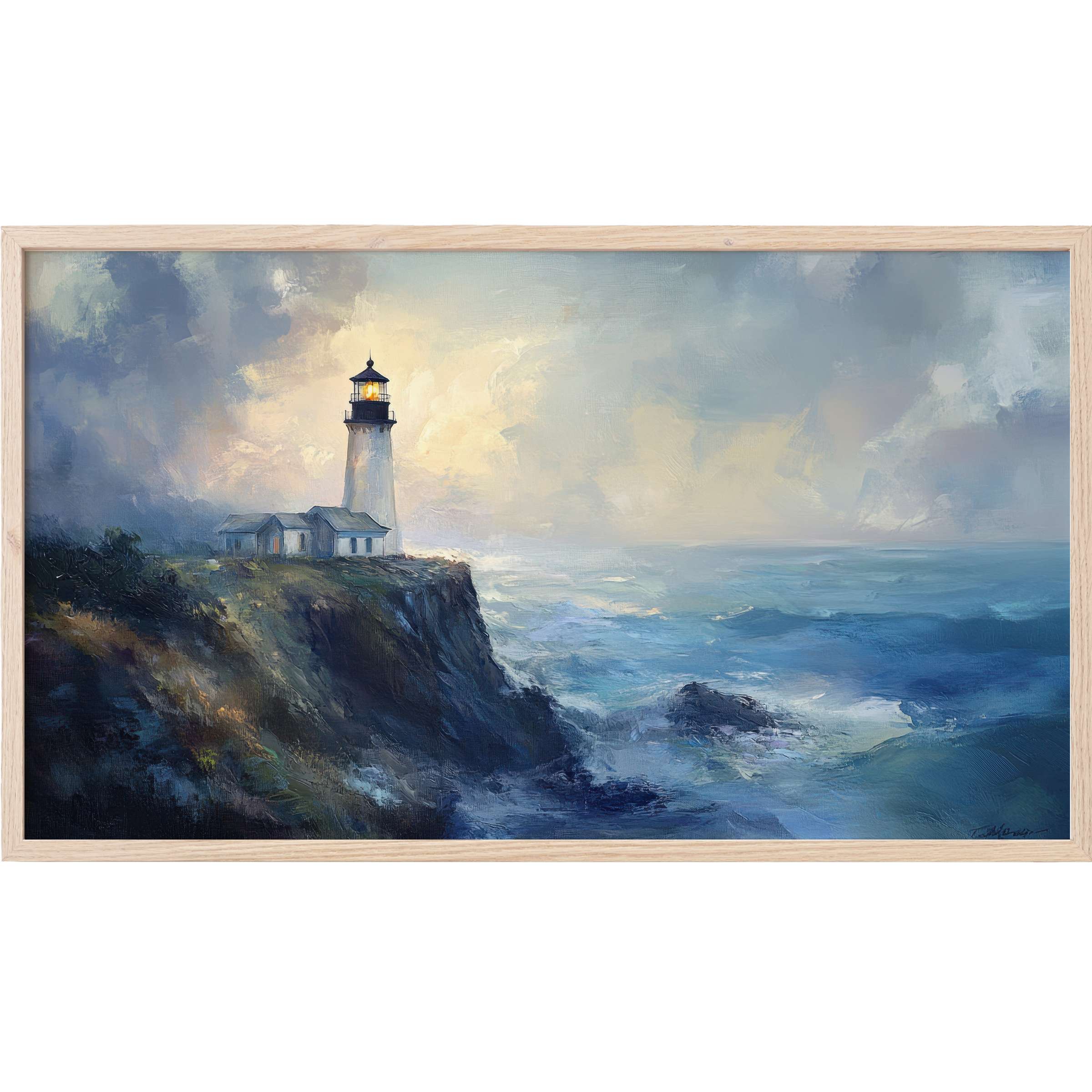 Serene coastal lighthouse at dusk with soft blues and warm light in elegant beach Frame TV Art style