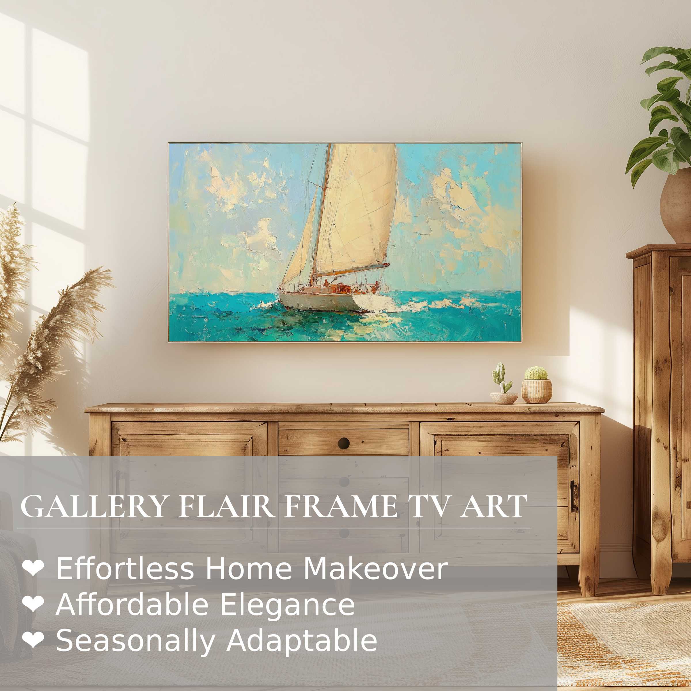 Refined summer digital artwork of a sailboat on the sea displayed on Samsung Frame TV in a warm, elegant interior