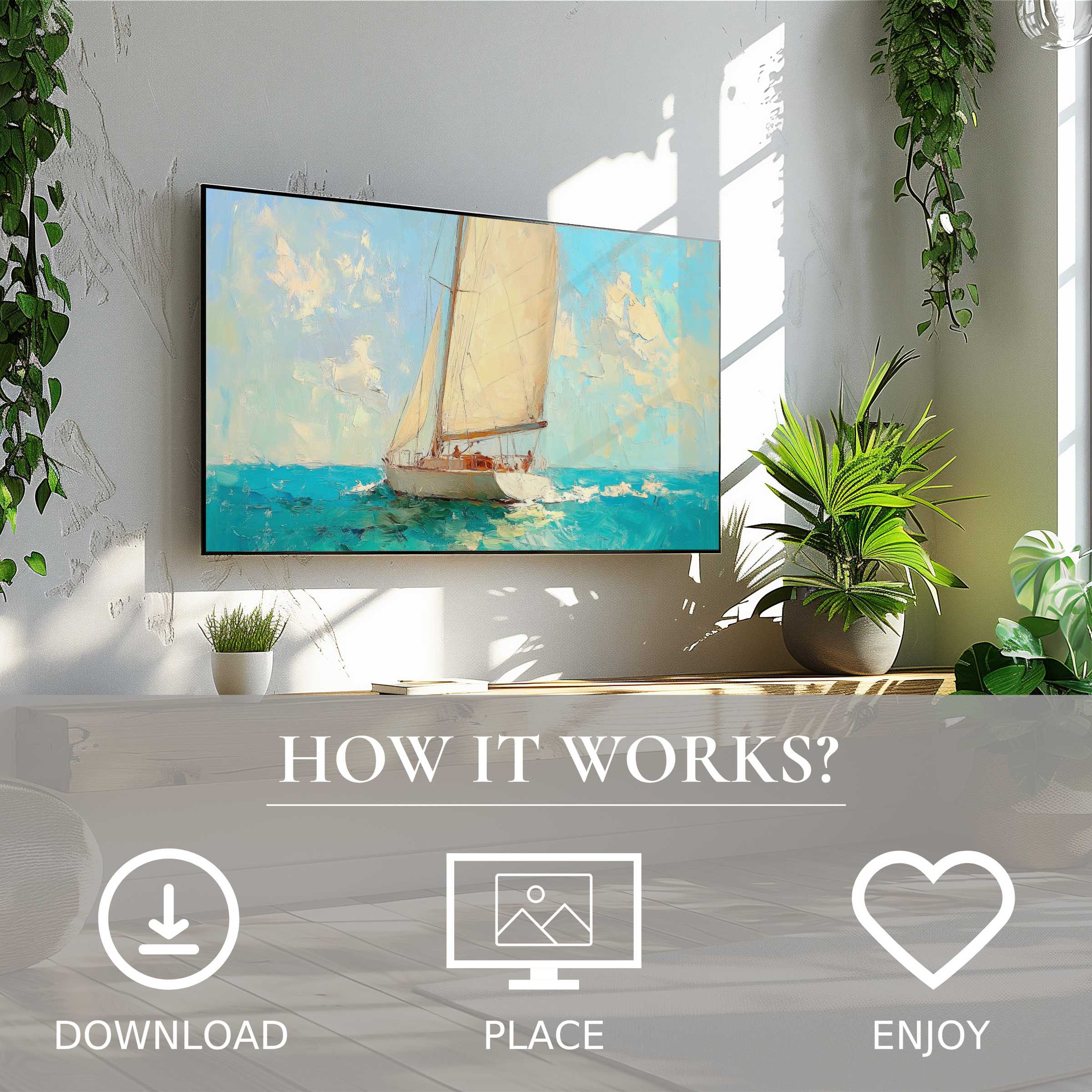 Summer art for Samsung TV shows sailboat motif in soft blue tones, easy digital download enriches modern living spaces