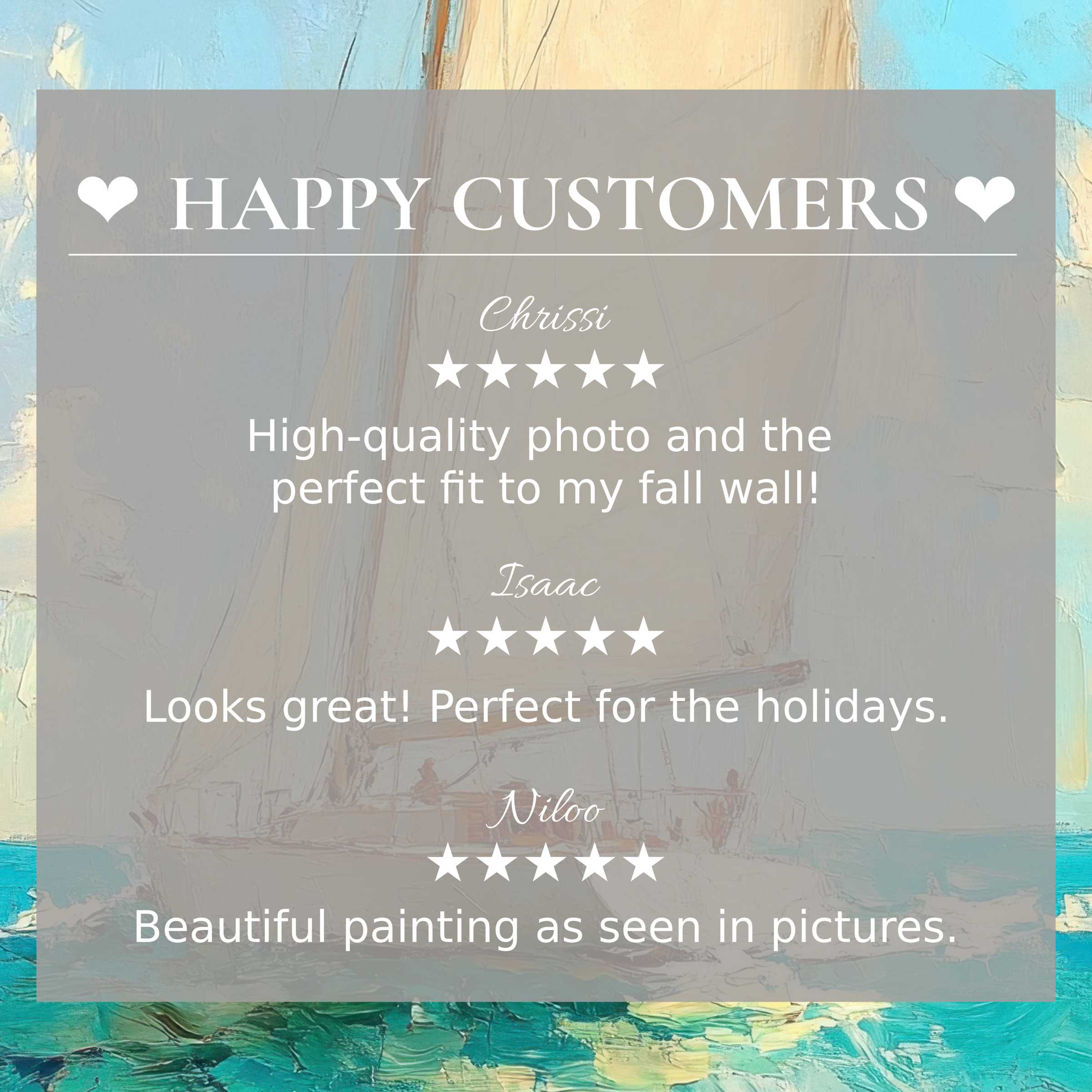 Elegant summer art for Frame TV with abstract sailboat colors, showcasing happy customer trust and rave reviews