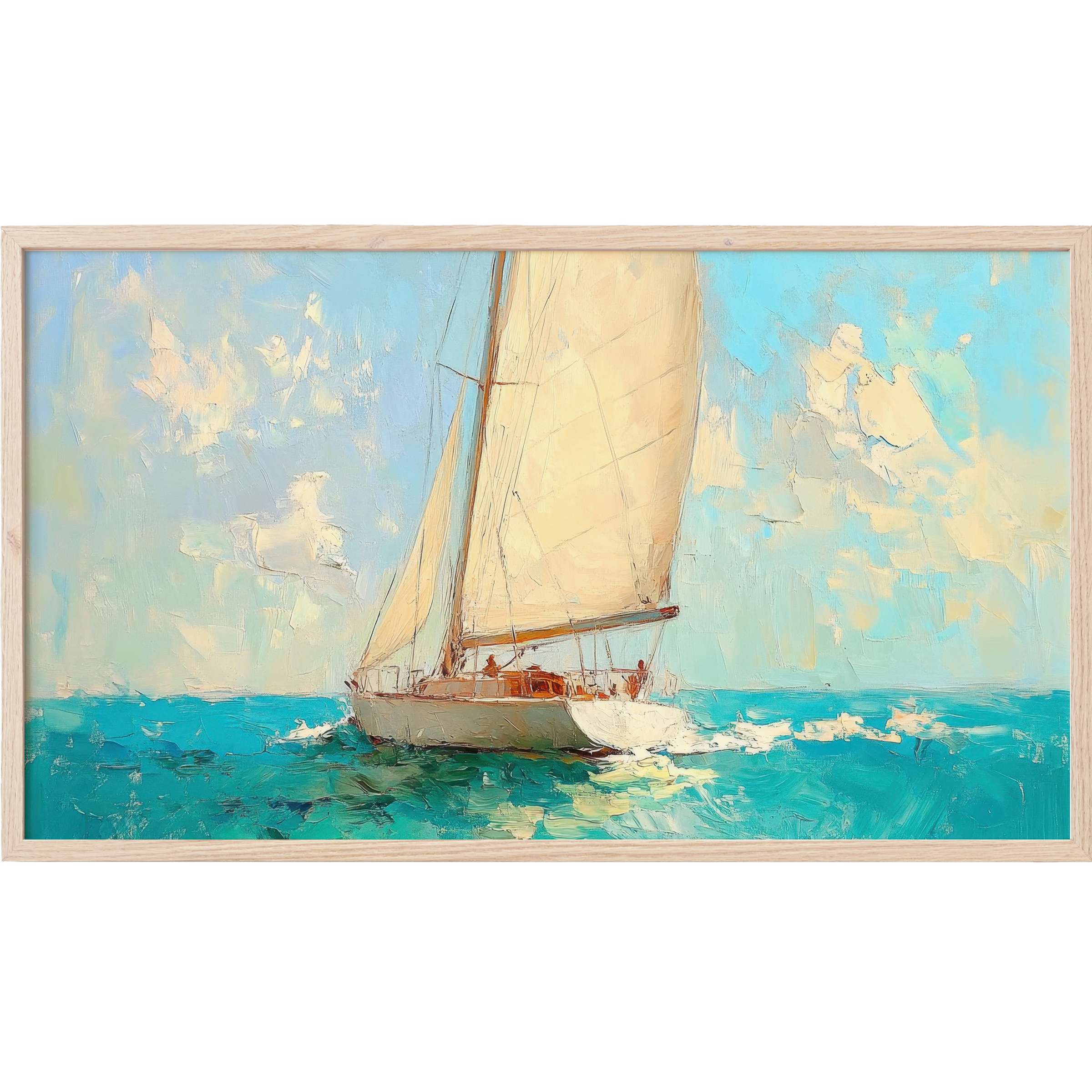 Elegant impressionist sailboat glides on turquoise sea beneath soft cream sails in serene summer Frame TV Art