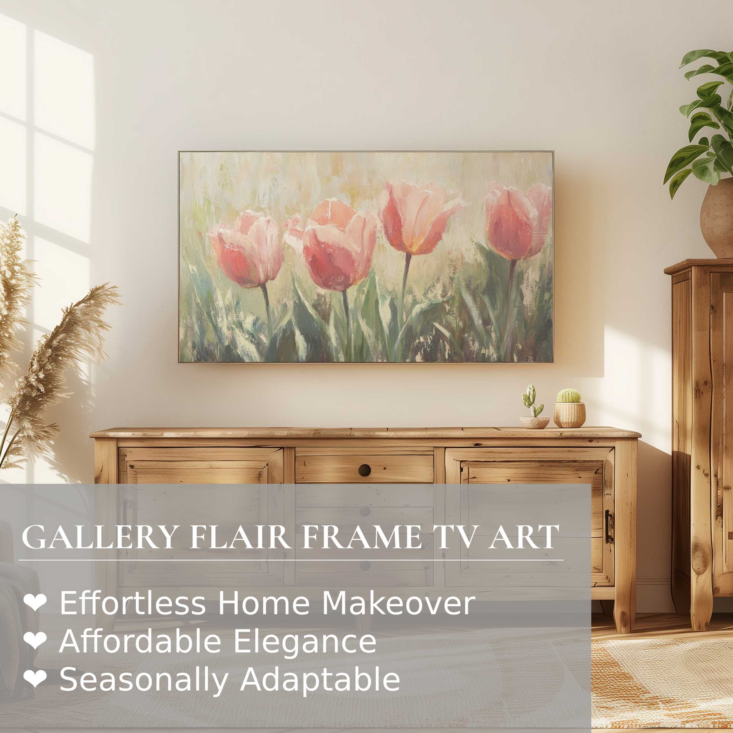 Elegant spring digital artwork of tulips on Samsung Frame TV in a warm, modern natural wood living space