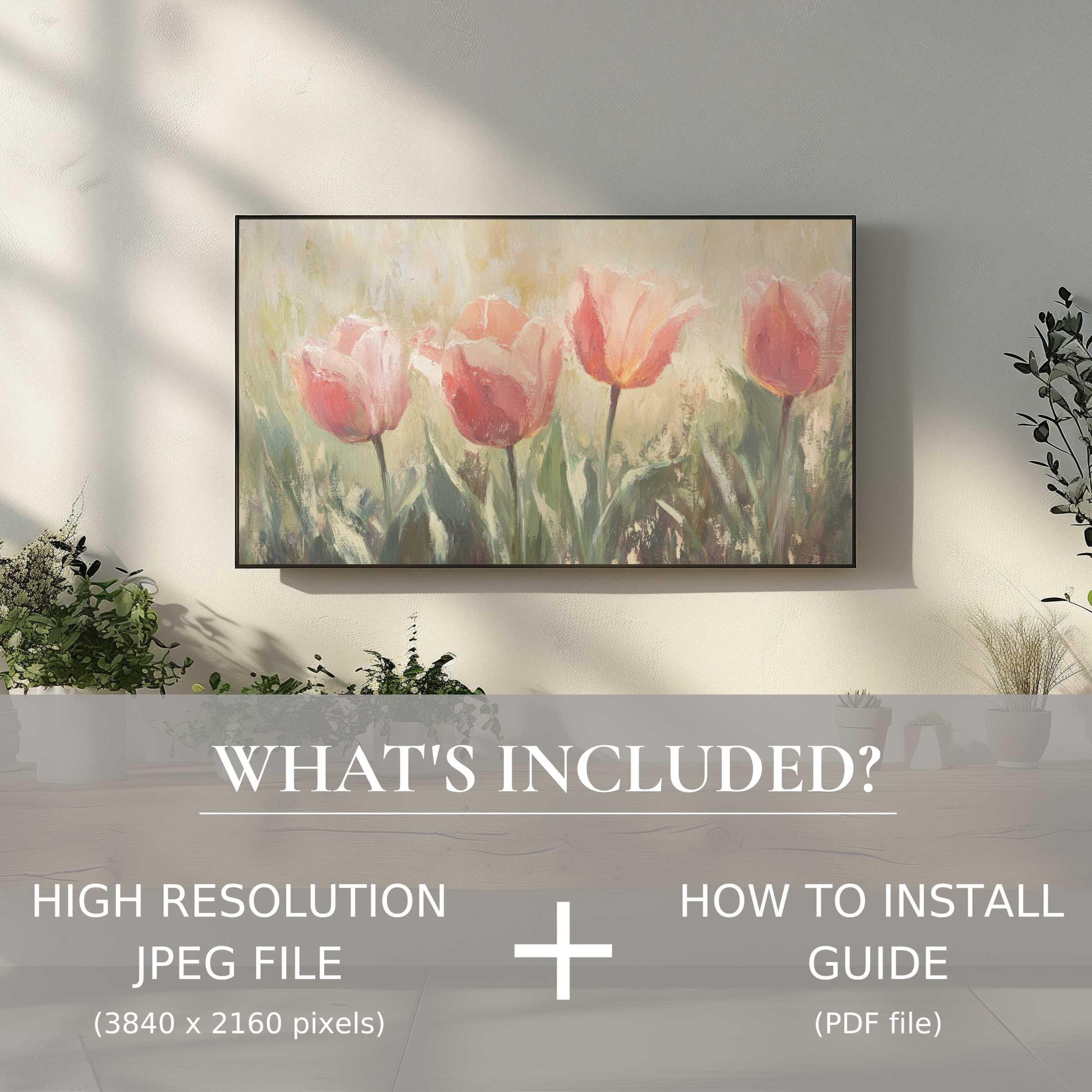 Elegant spring digital TV art download with tulip design enhances modern living spaces; easy digital use included