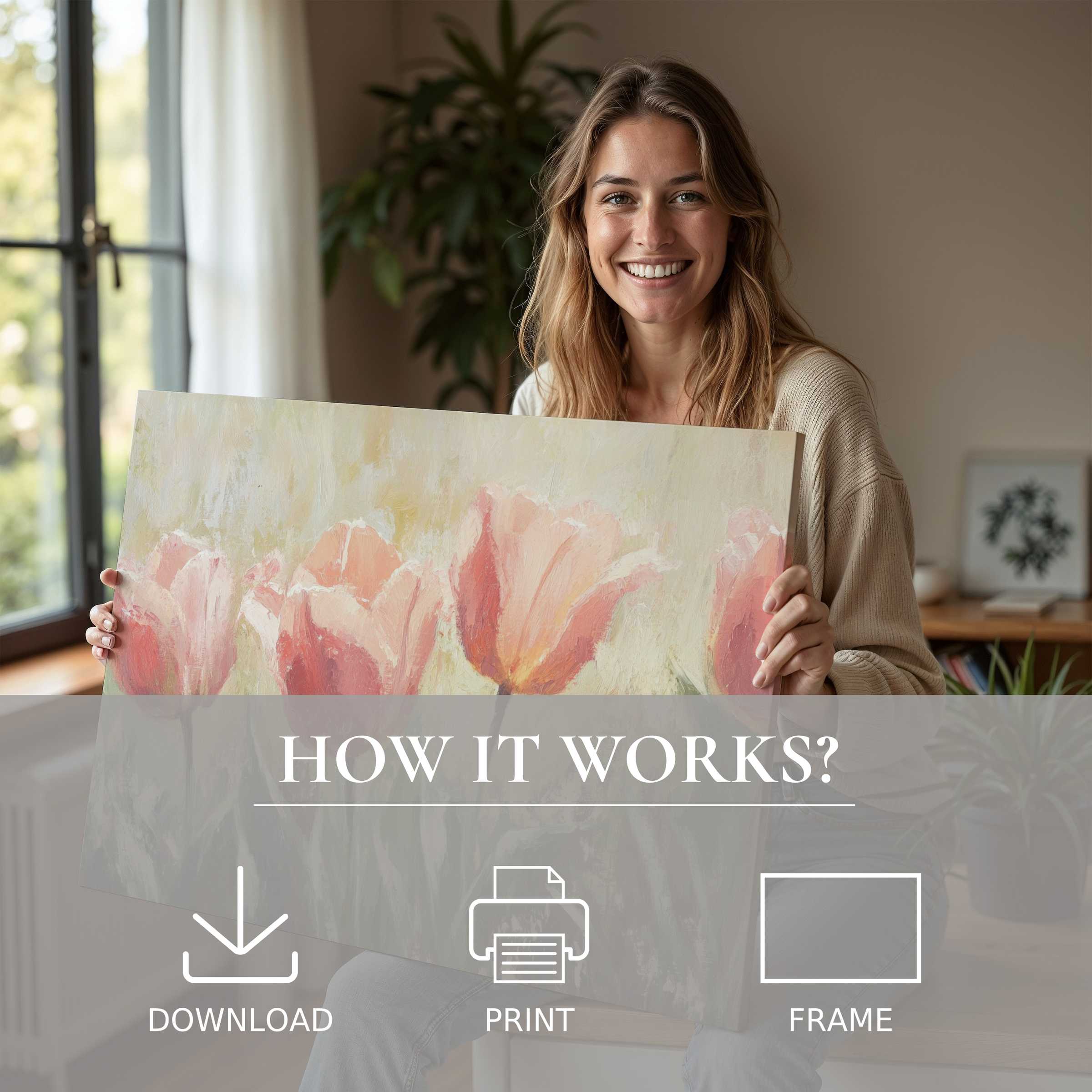 Radiant spring digital art print infuses serene modern interiors with joy and effortless elegance, celebrating living beautifully with art