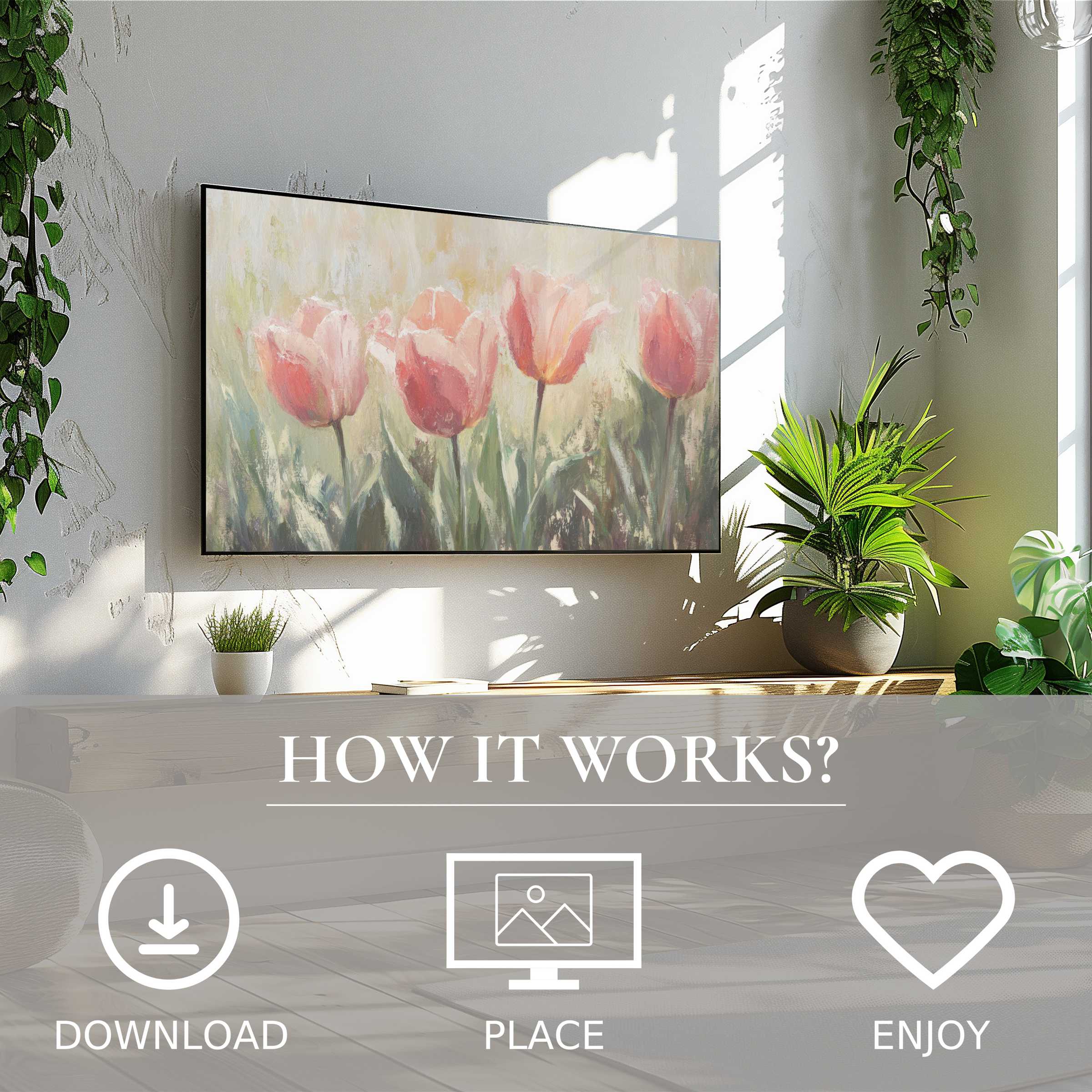 Spring art for Samsung TV shows soft pink tulips; easy digital download enriches bright, modern living spaces