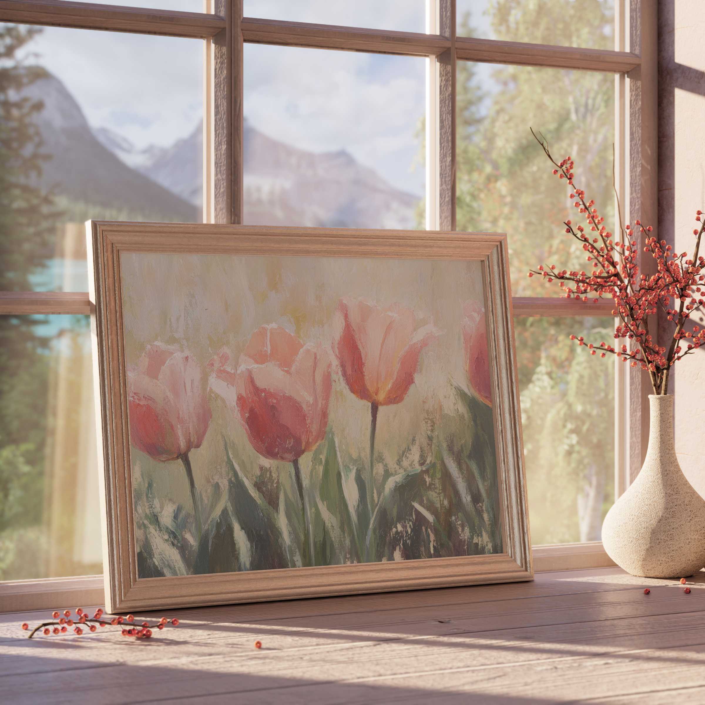 Elegant spring downloadable art featuring soft pink tulips, bringing calm, natural beauty and fresh floral charm to refined interiors