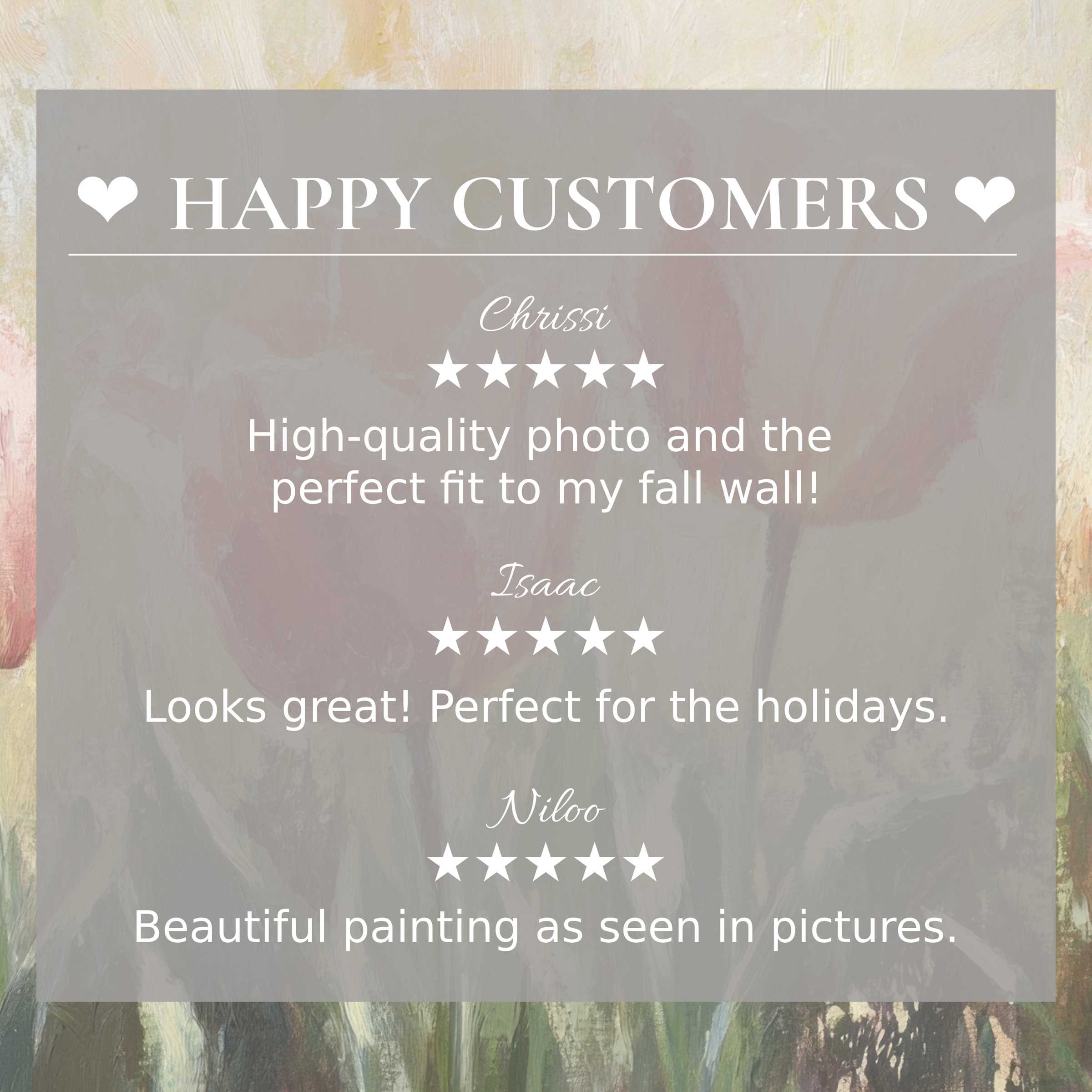 Elegant spring art for Frame TV with abstract sunset hues, showcasing happy customer reviews to inspire trust