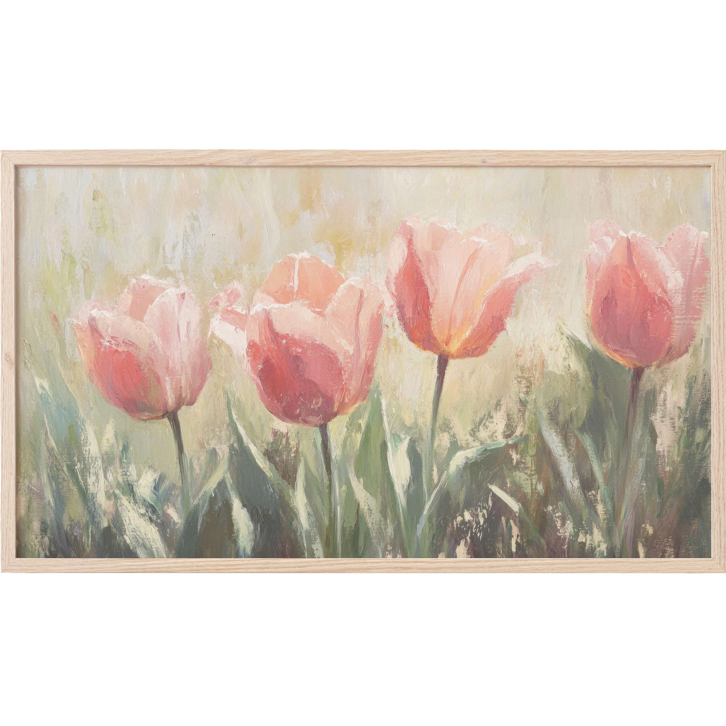 Elegant spring Frame TV Art of soft pink tulips with muted greens in an impressionist, textured brushstroke style