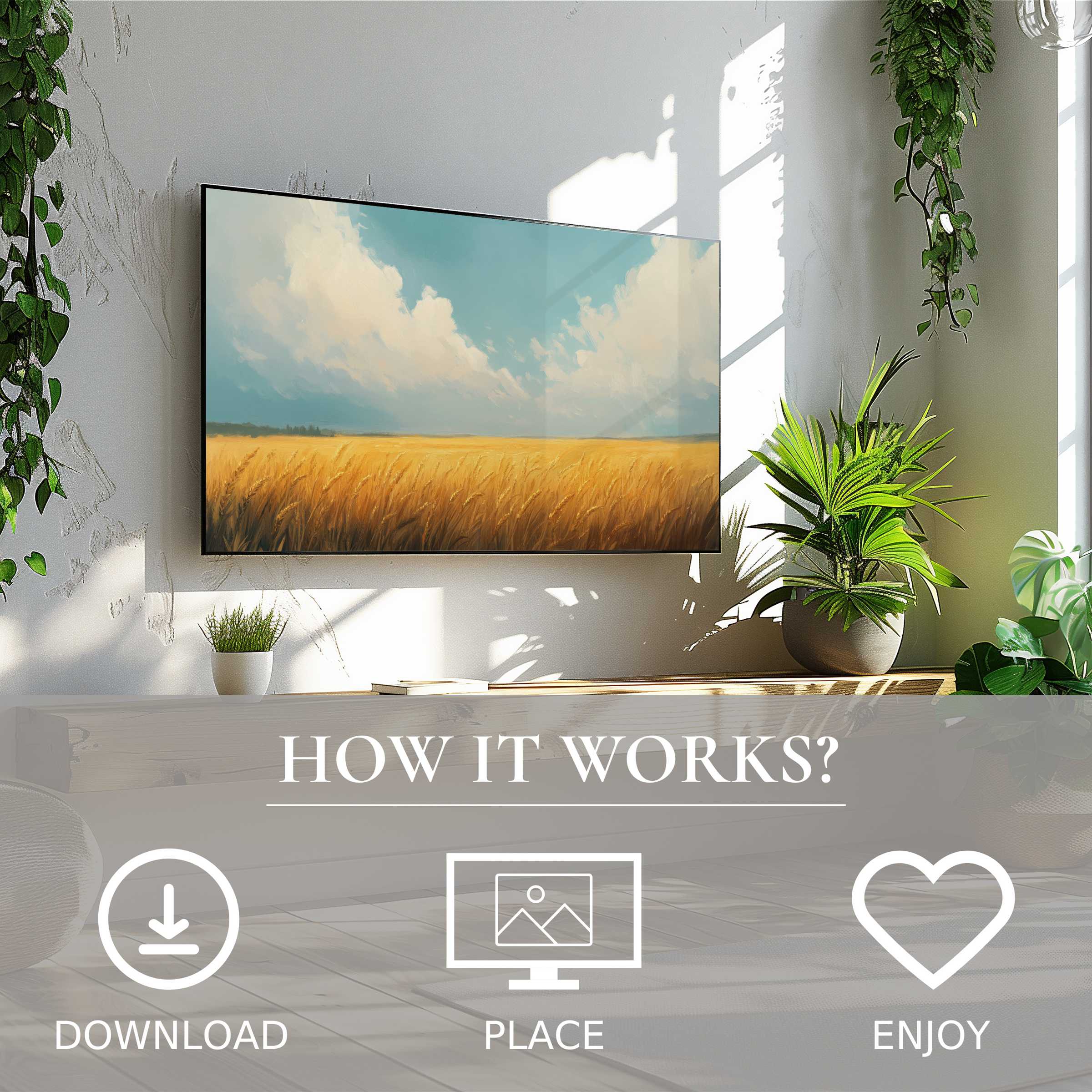 Modern living room with landscape art for Samsung TV, showcasing warm wheat field and soft clouds, simple digital download