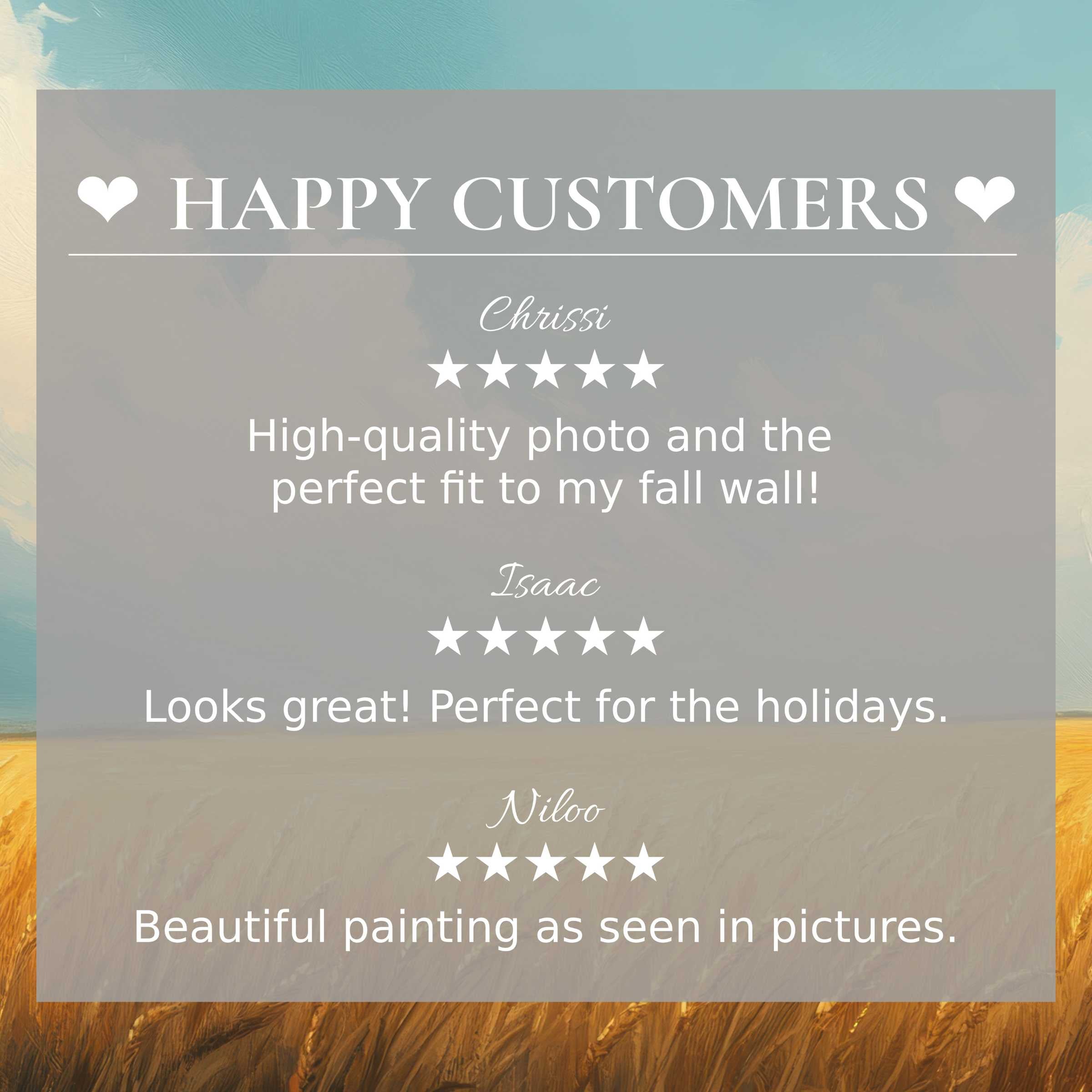 Elegant landscape art for Frame TV with abstract sunset hues, showcasing happy customer praise and trusted style