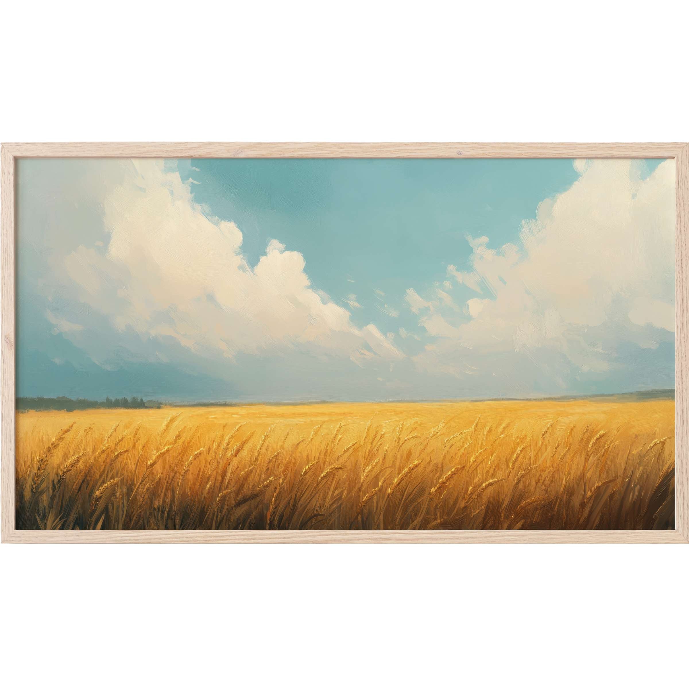 Golden wheat field under soft blue sky with creamy clouds, natural landscape Frame TV Art in serene style