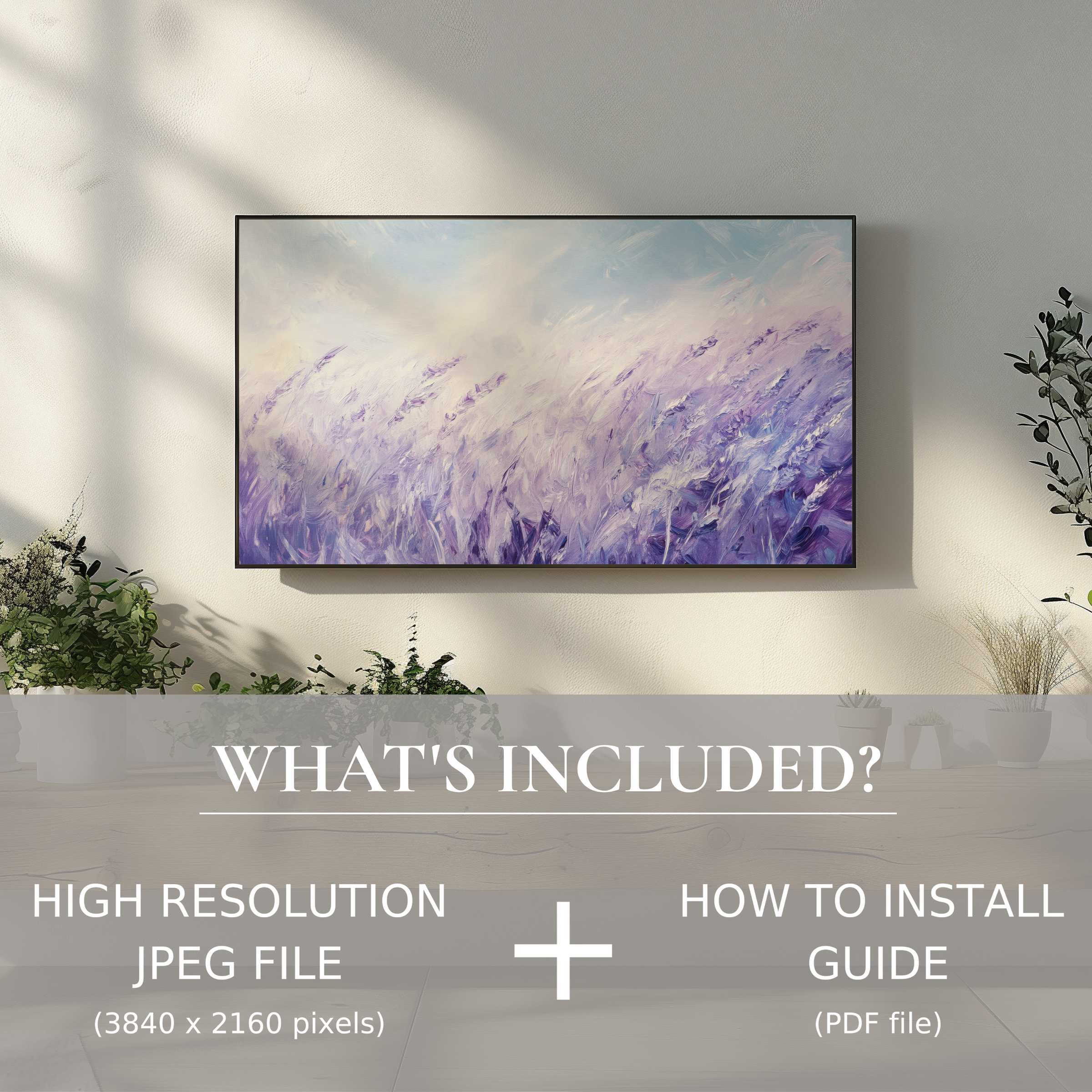 Elegant vintage digital TV art download of lavender fields, enhancing modern spaces with easy digital use