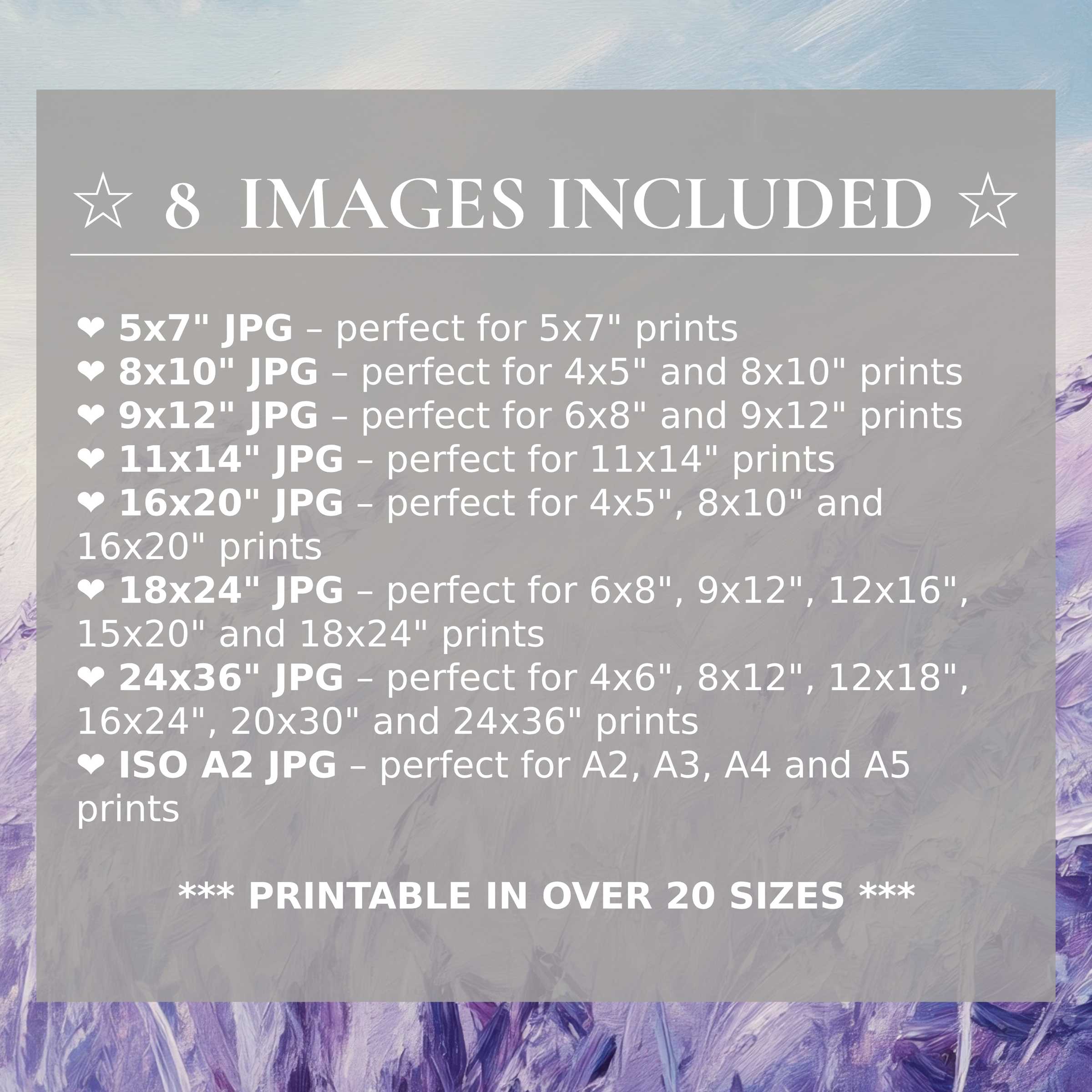 Vintage digital print radiates calming blues and lavenders, elevating modern interiors with timeless elegance; includes 8 high-quality sizes