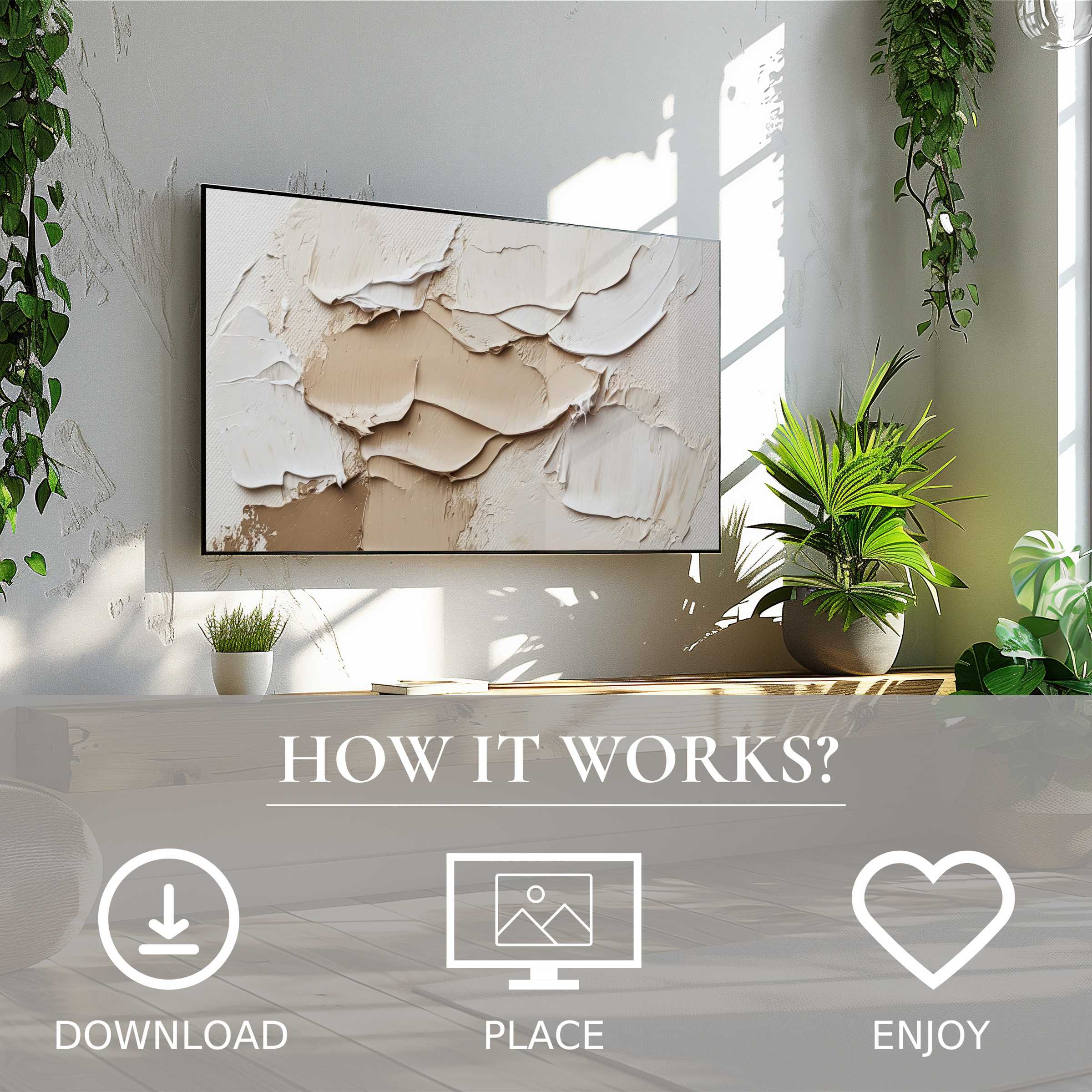 Neutral art for Samsung TV shows soft beige and cream texture, easy digital download enriching minimalist living spaces