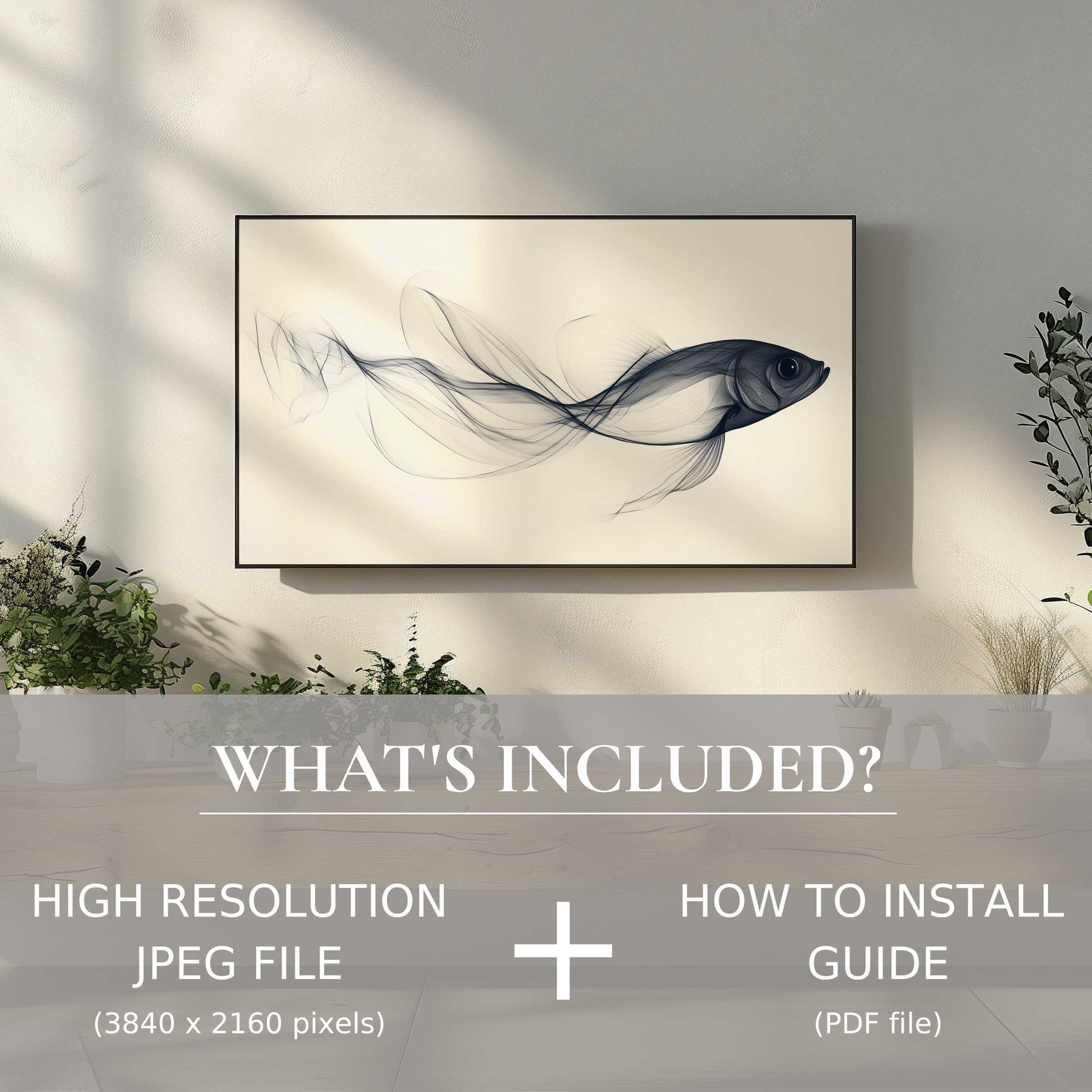 Minimalist digital TV art download featuring elegant fish design, enhancing living space with easy digital use