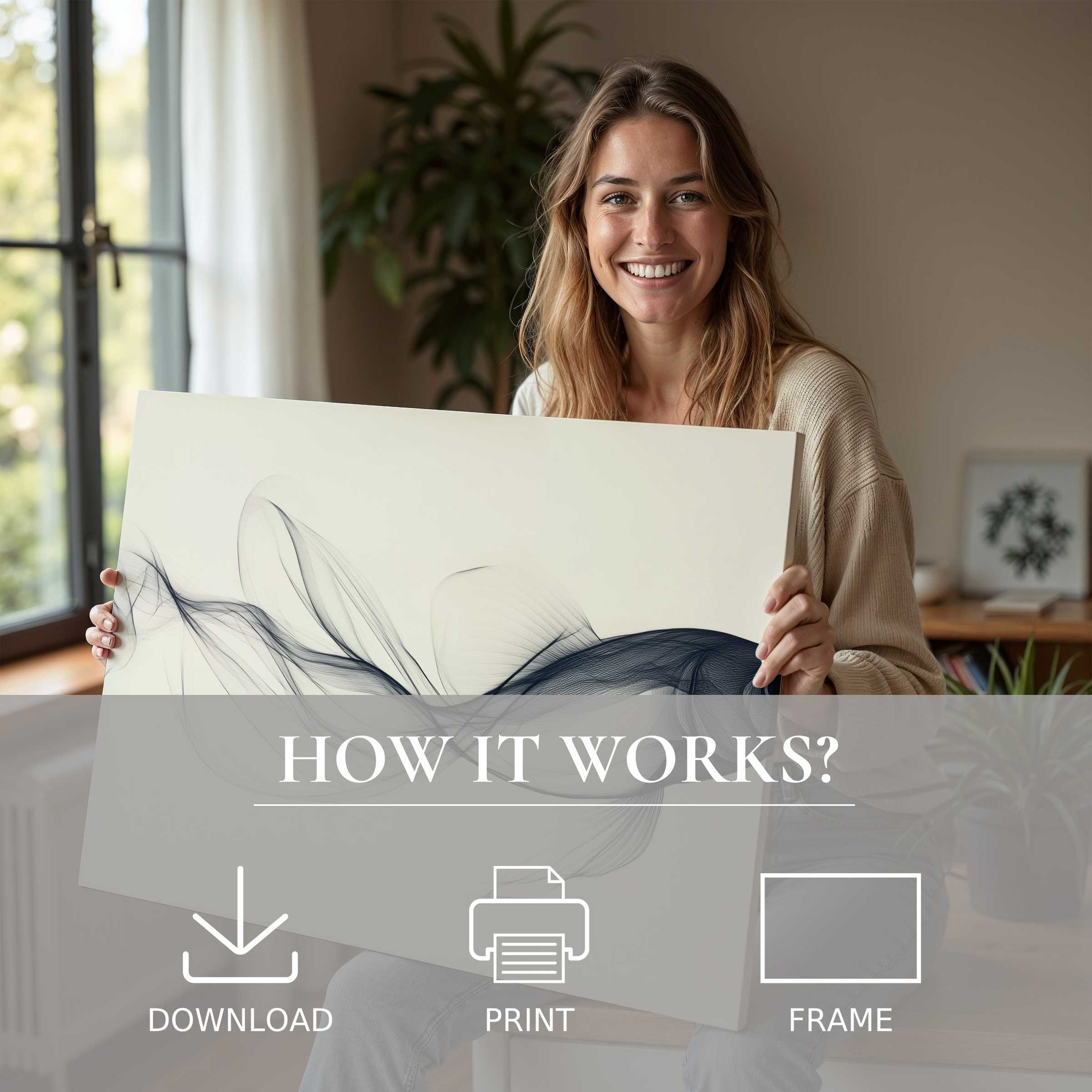 Woman in a serene, modern home radiates joy holding a minimalist digital art print with graceful black and white flow