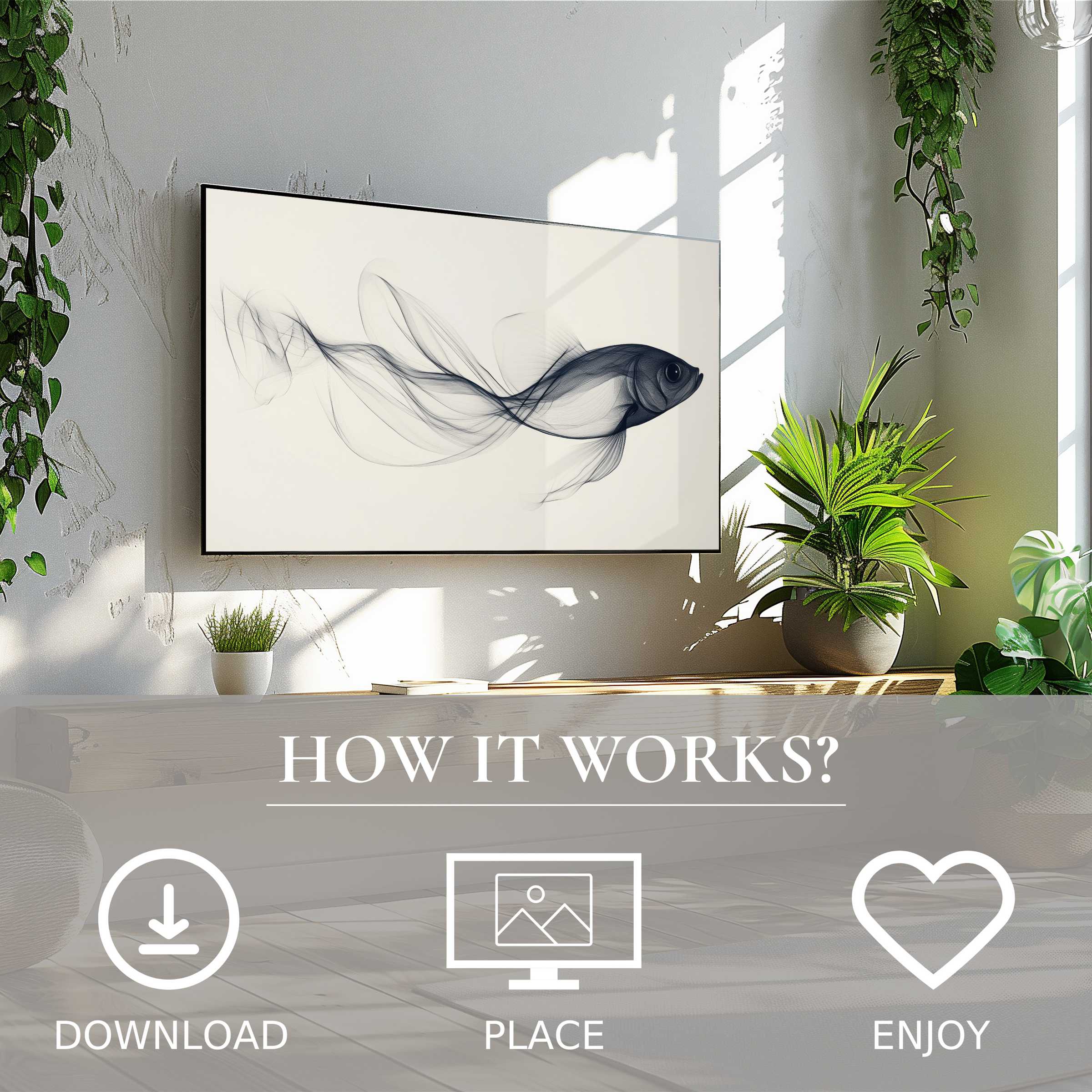 Minimalist art for Samsung TV: digital download enhances living space with elegant smoky fish motif and easy setup