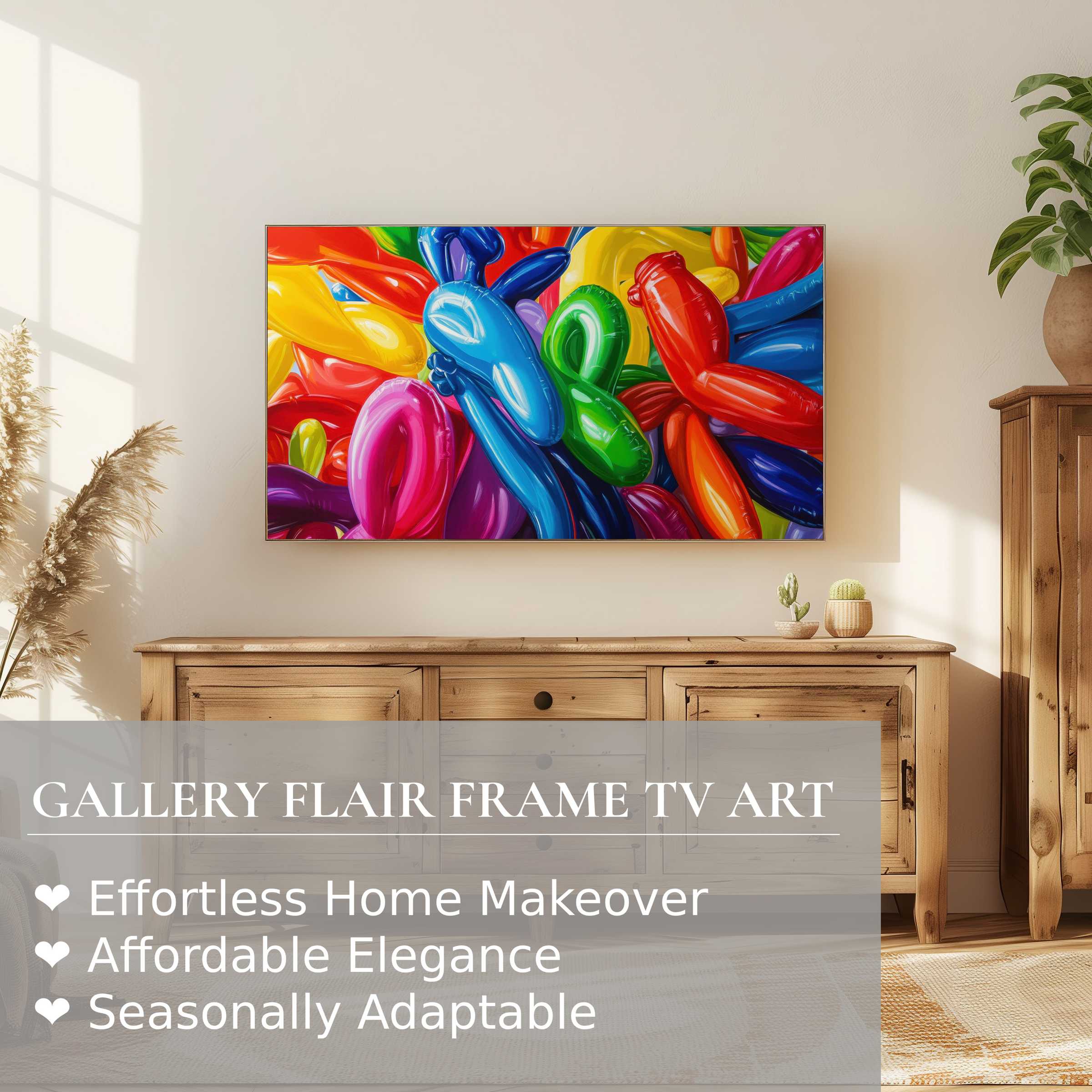 Modern living room with warm wood tones featuring vibrant pop art digital artwork on Samsung Frame TV