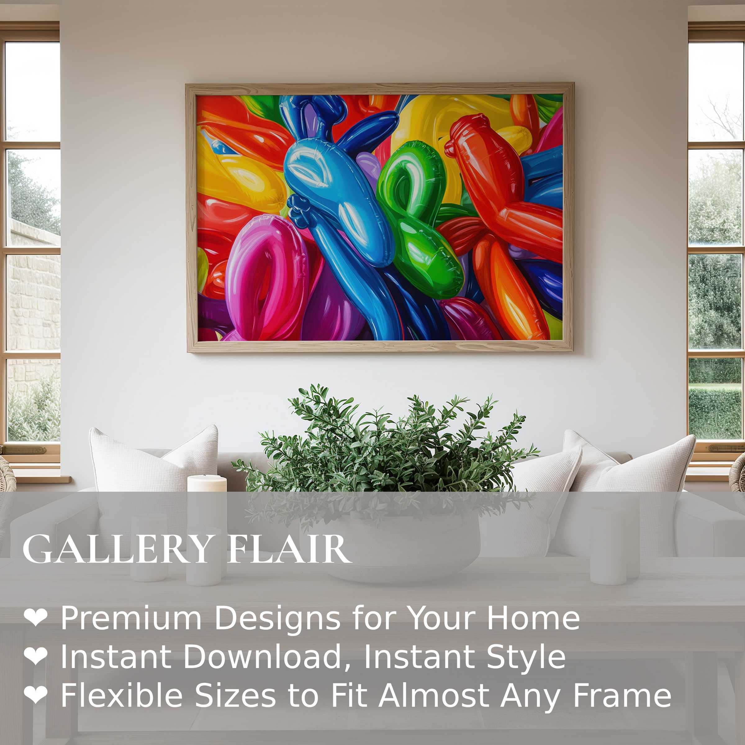 Vibrant pop art wall art print of glossy balloon animals infuses this modern minimalist living room with bold color and playful energy