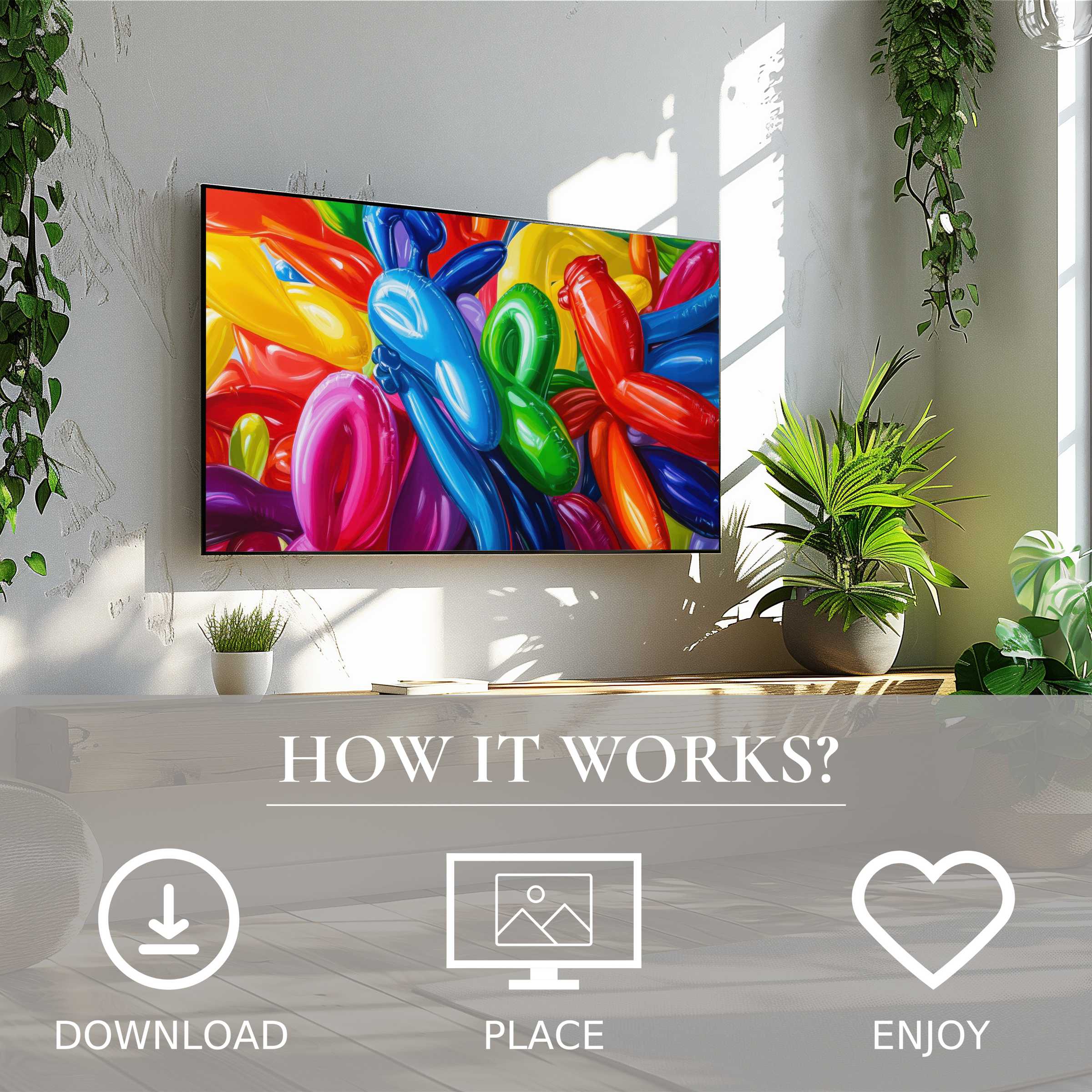 Pop art art for Samsung TV with vibrant balloon motif, easy digital download brightens modern living spaces beautifully