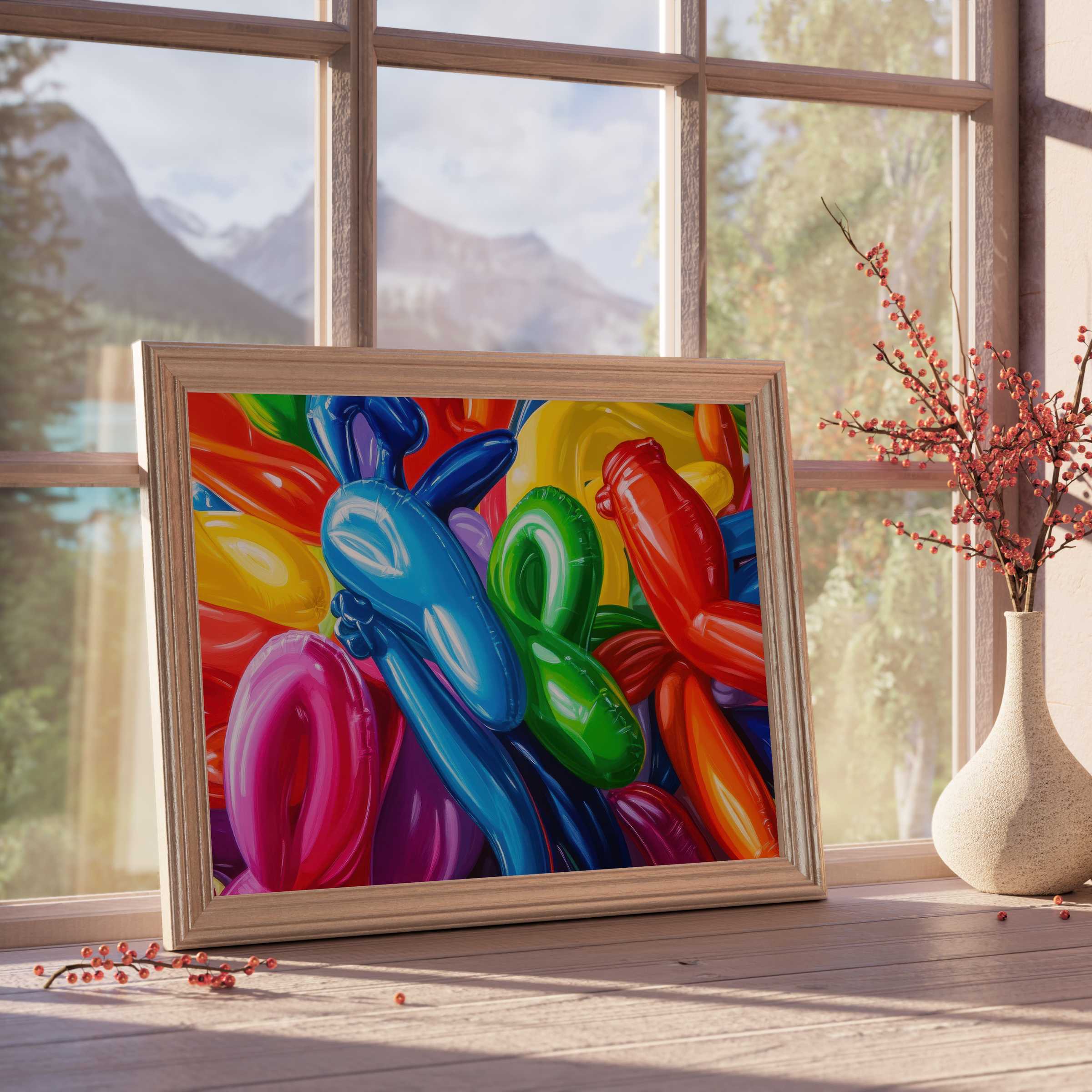 Vibrant pop art downloadable art capturing playful balloon animals, infusing modern interiors with joyful color and dynamic energy