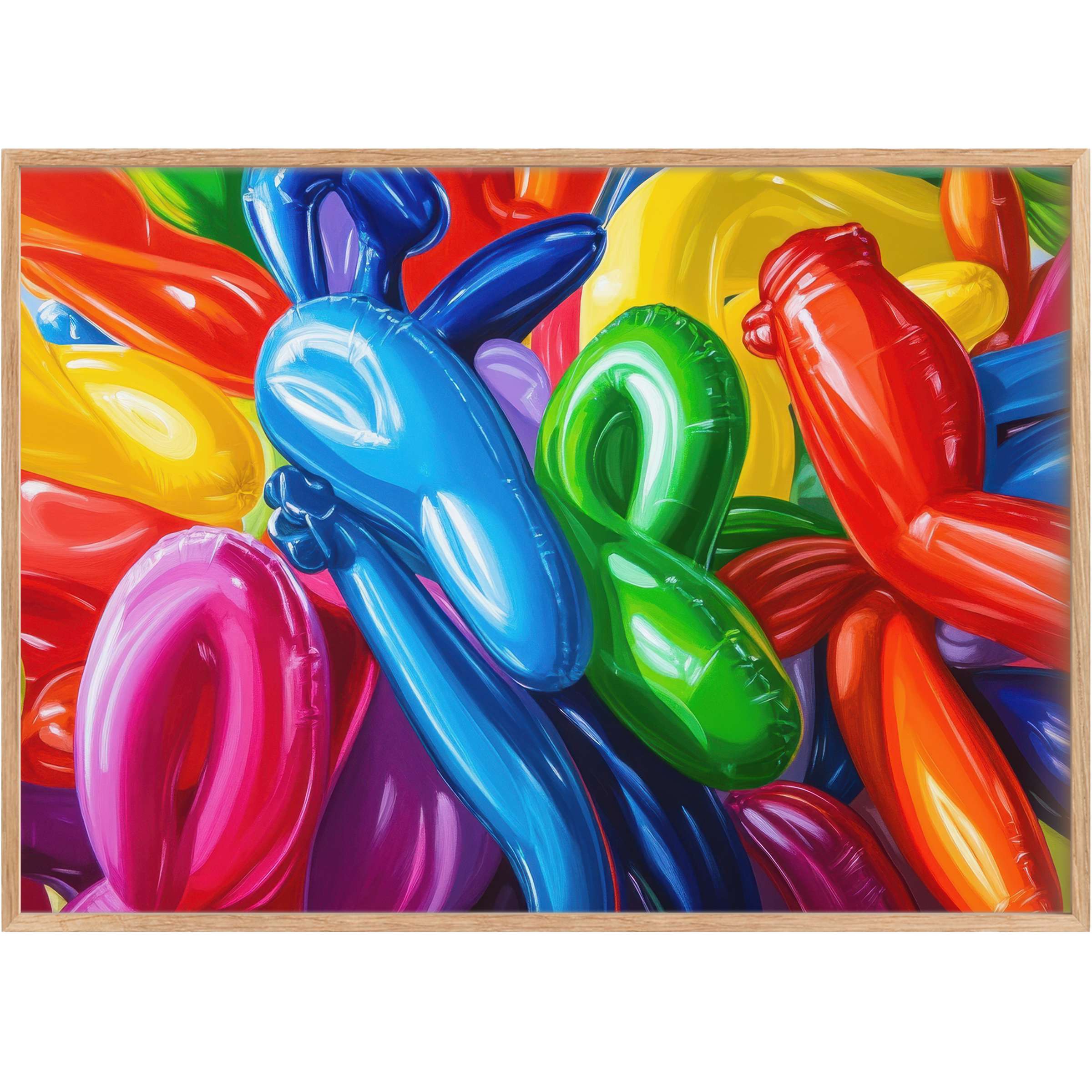 Vibrant pop art printable wall art with glossy balloon shapes in bold blue, red, yellow, and green, sparking joyful energy and playful sophistication
