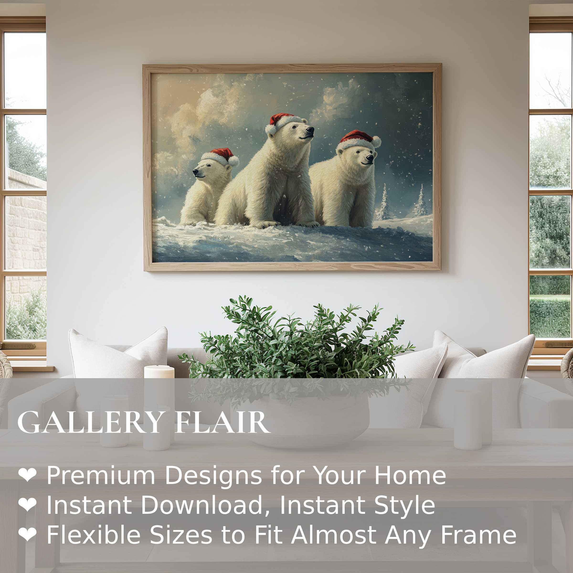 Christmas wall art print featuring three radiant polar bears wearing festive Santa hats, adding warmth and charm to a modern minimalist living room The serene snowy scene infuses cozy holiday spirit and seasonal elegance, perfect for elevating premium home decor with sophisticated, nature-inspired Christmas art