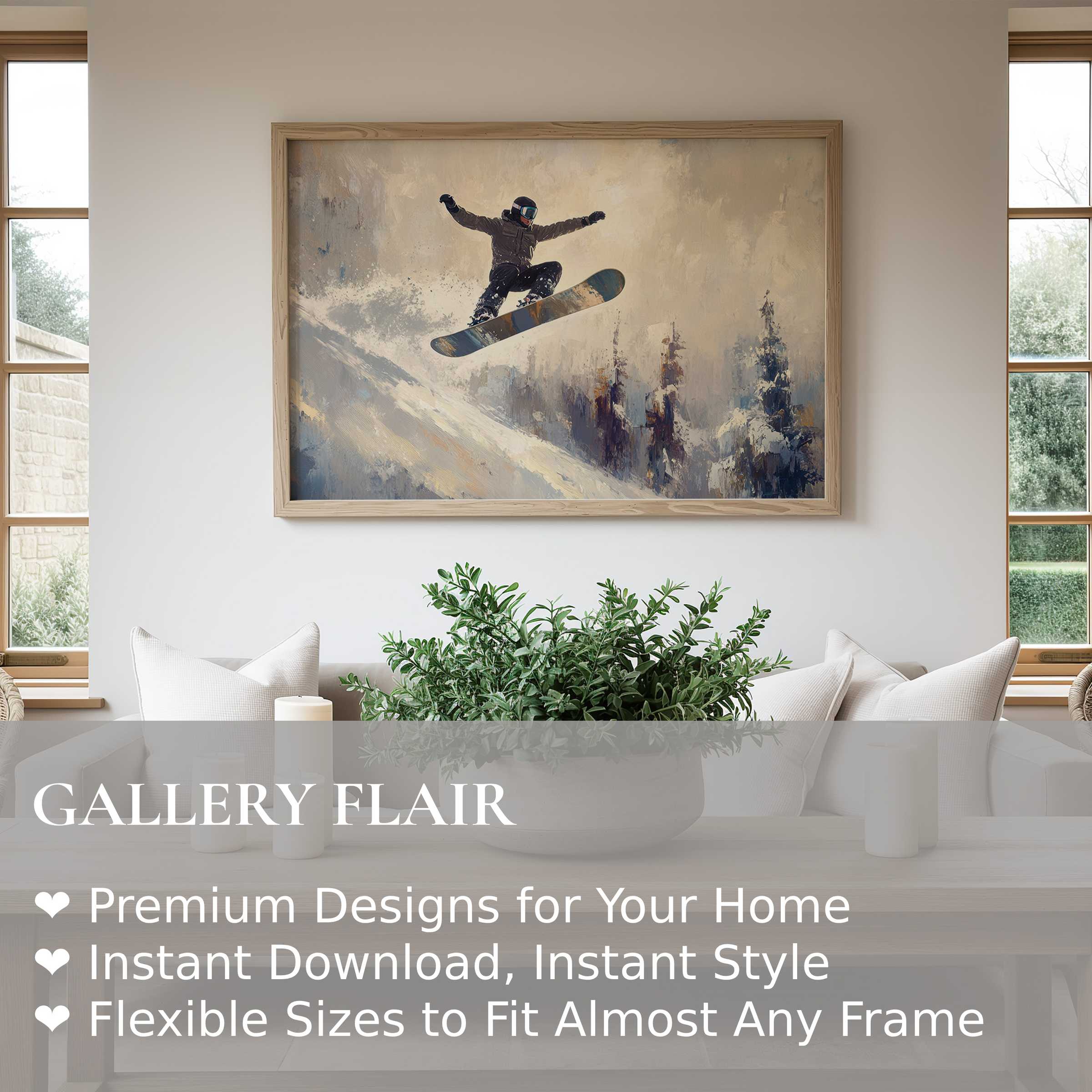 Dynamic winter wall art print featuring a snowboarder mid-jump, adding bold energy and contemporary charm to minimalist interiors