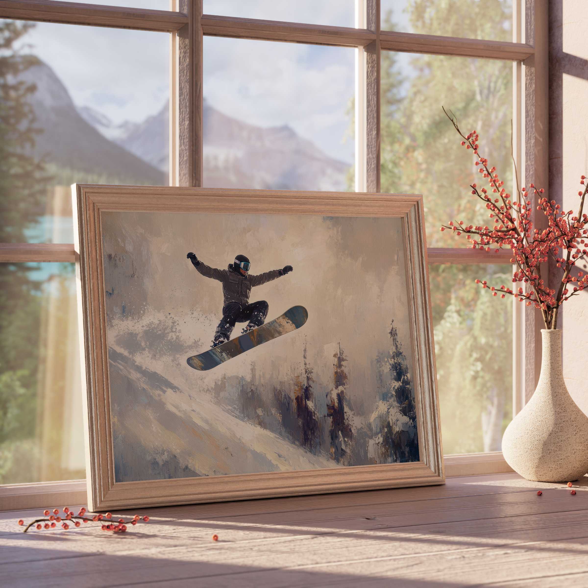 Winter downloadable art capturing a dynamic snowboarder in motion, framed to elevate serene, design-forward living spaces