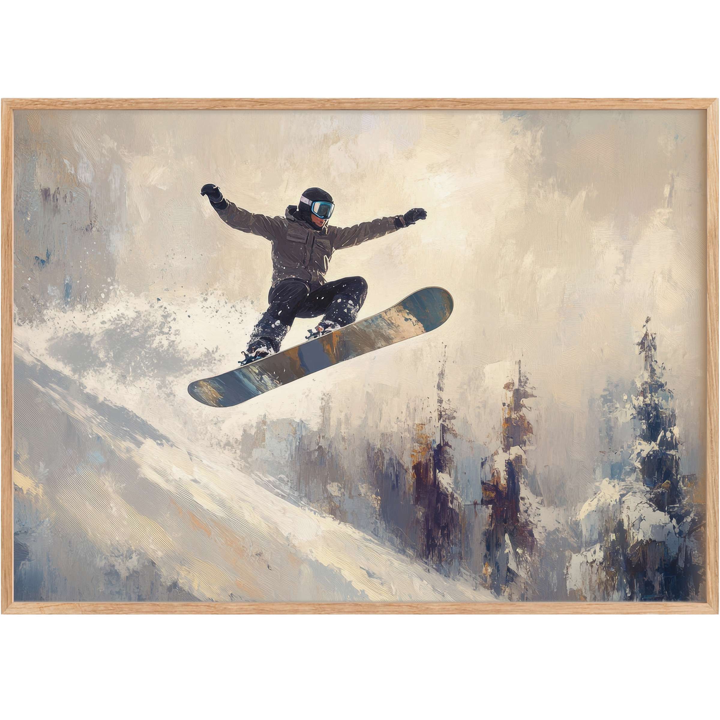 Dynamic winter printable wall art capturing a snowboarder mid-jump, with cool greys and icy blues evoking invigorating winter energy