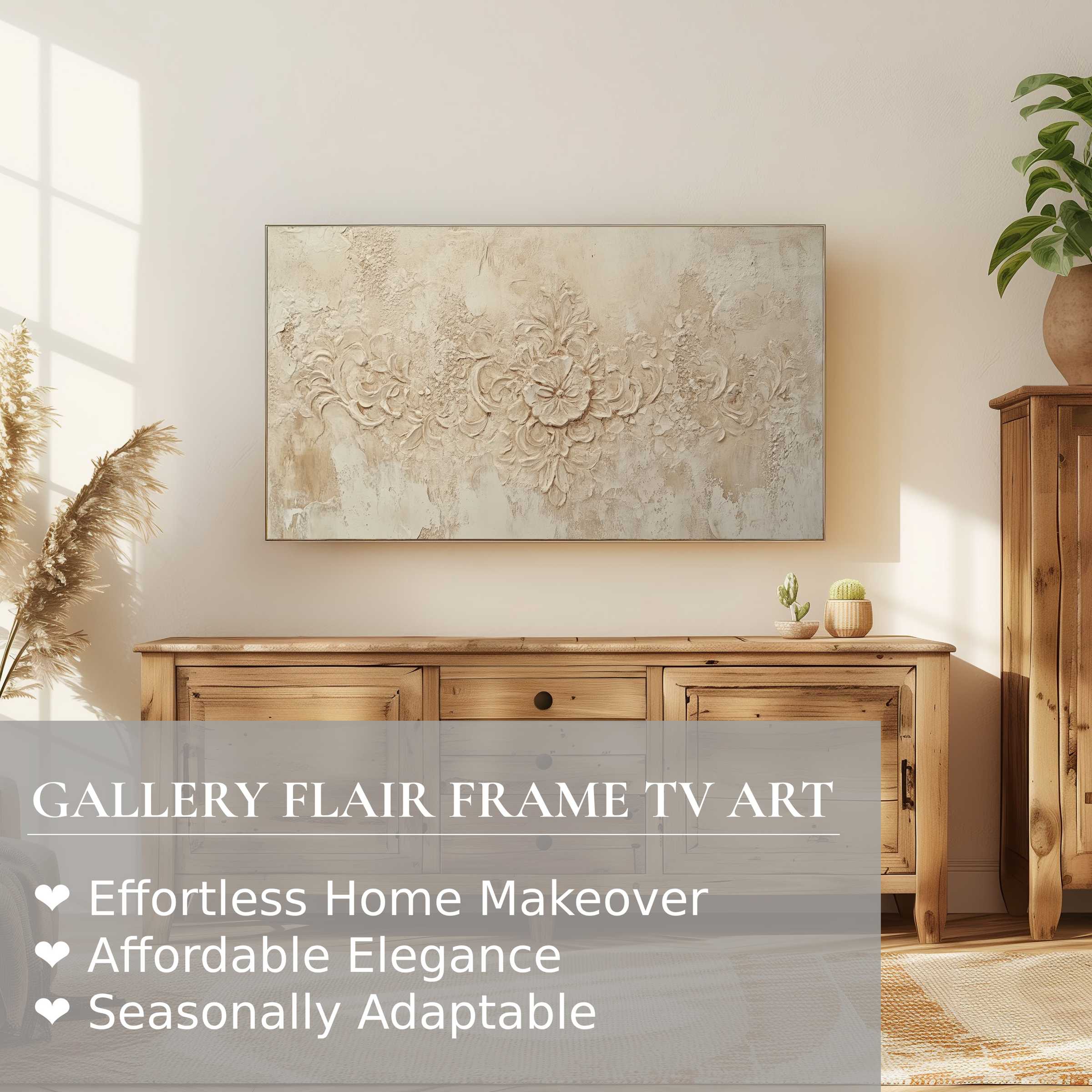 Samsung Frame TV displays elegant boho digital artwork in warm, natural tones enhancing refined home decor settings