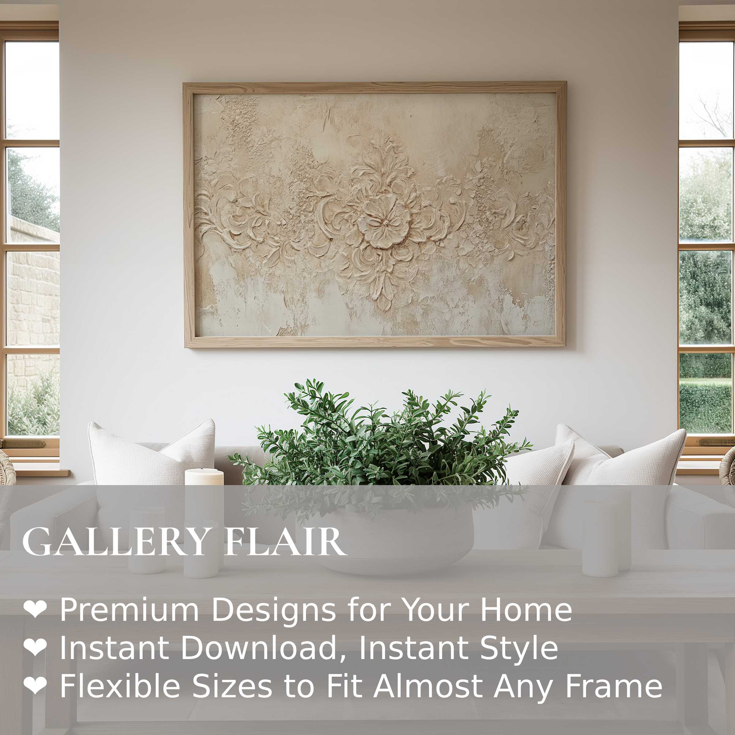 Boho wall art print featuring textured floral relief in neutral tones, enhancing serene, modern minimalist interiors with warm, natural elegance