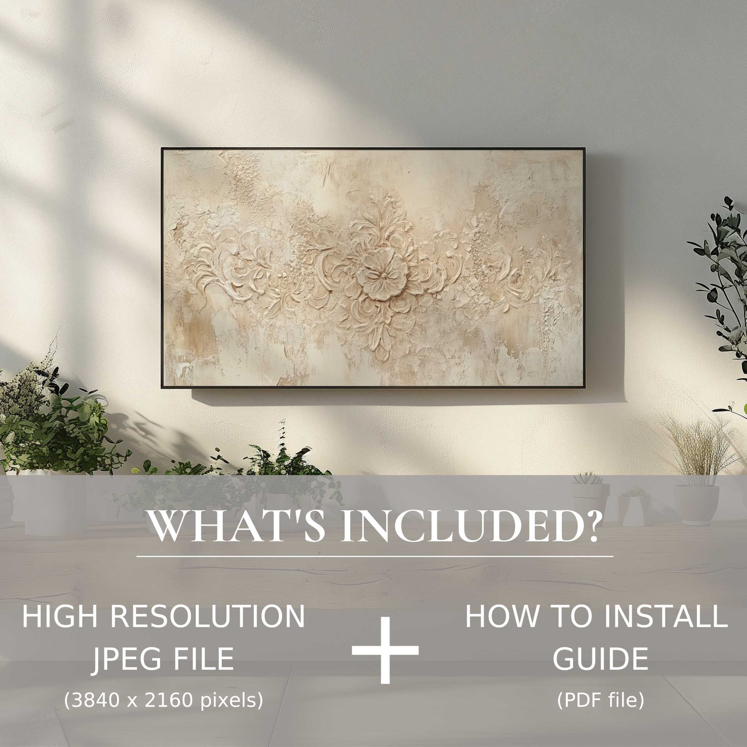 Elegant boho digital TV art download enhances living spaces with easy digital use and stylish, textured wall decor