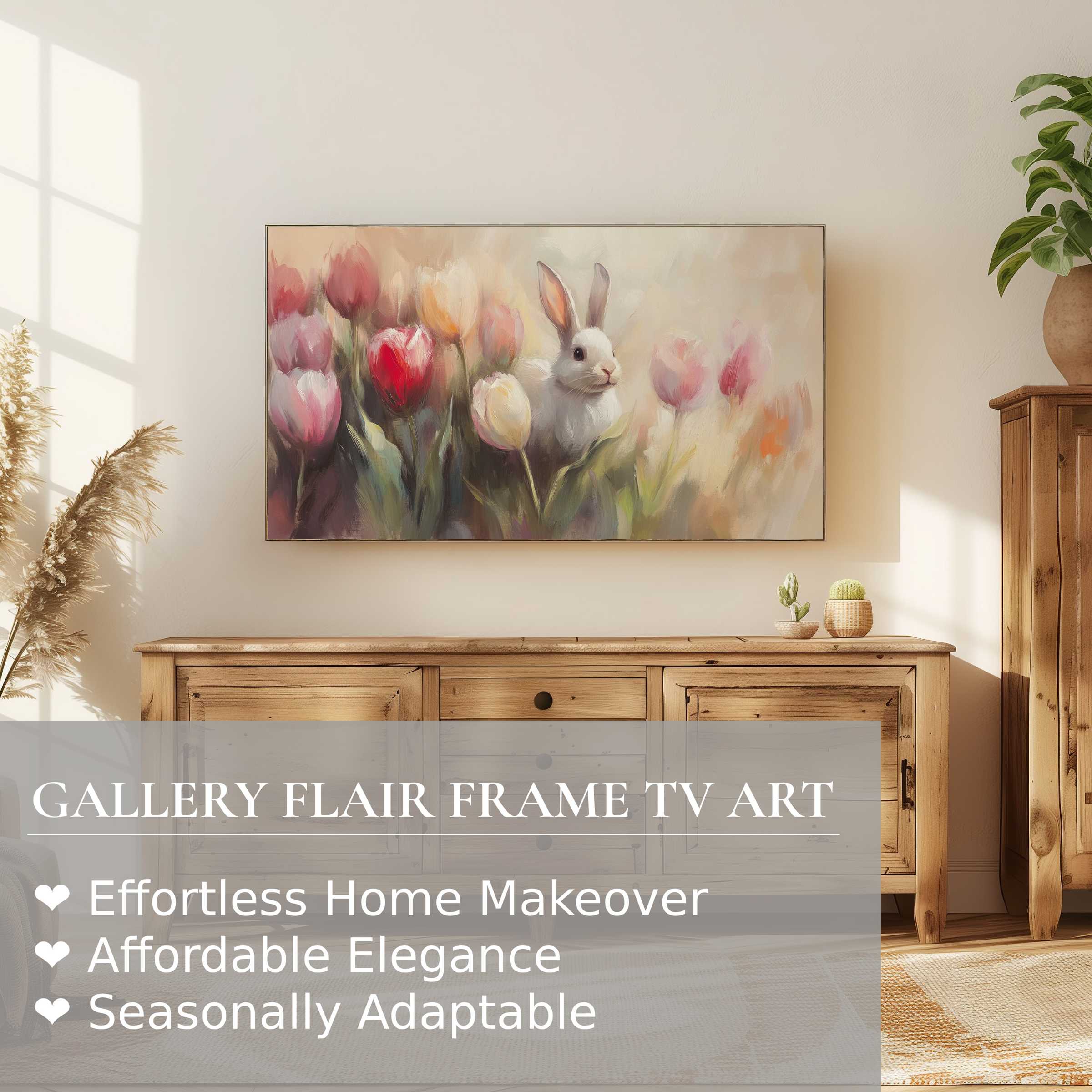 Elegant spring scene with soft pastels and tulips, Easter digital artwork displayed on Samsung Frame TV