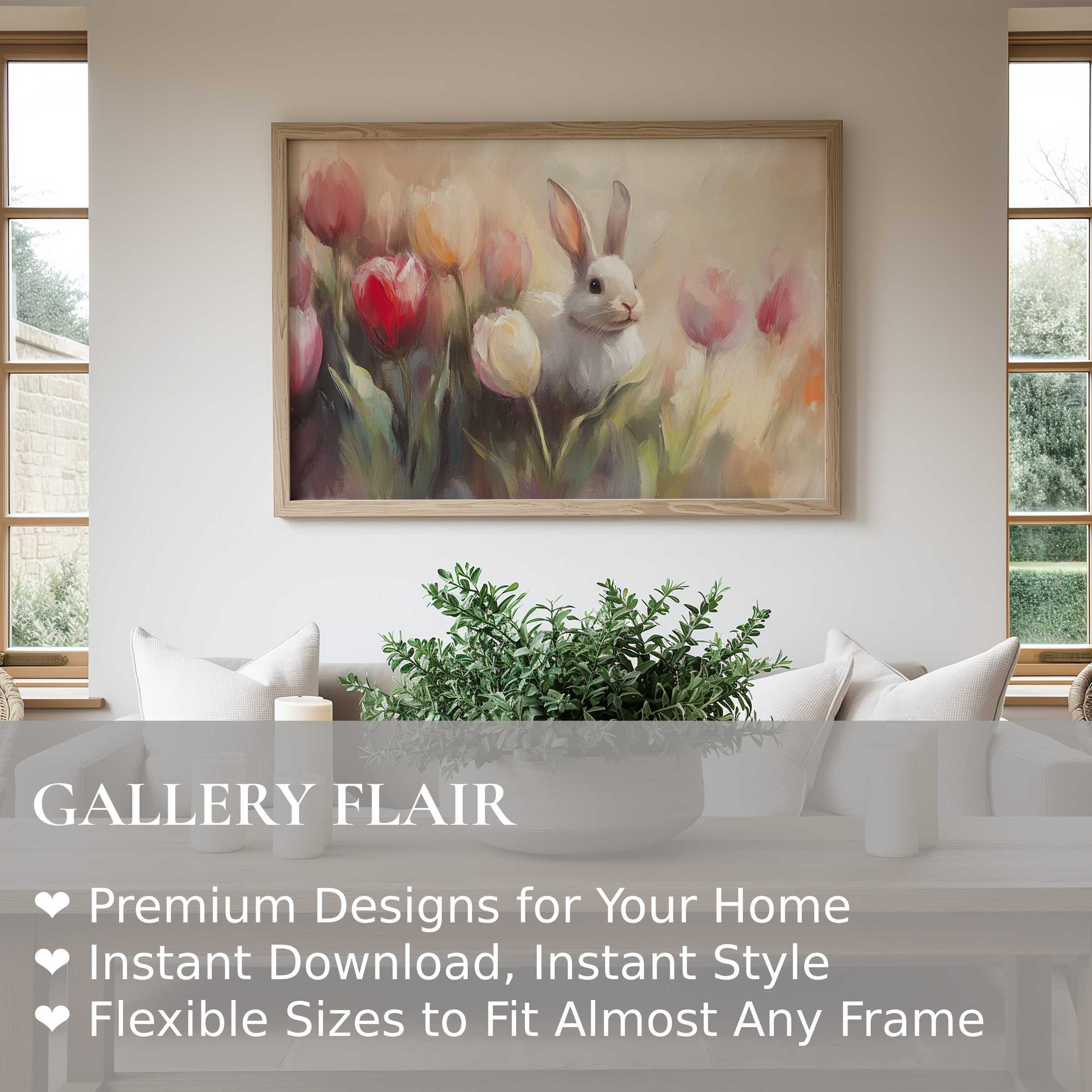 Easter wall art print with serene bunny amid soft pastel tulips, enhancing modern farmhouse interiors with calming, elegant spring charm