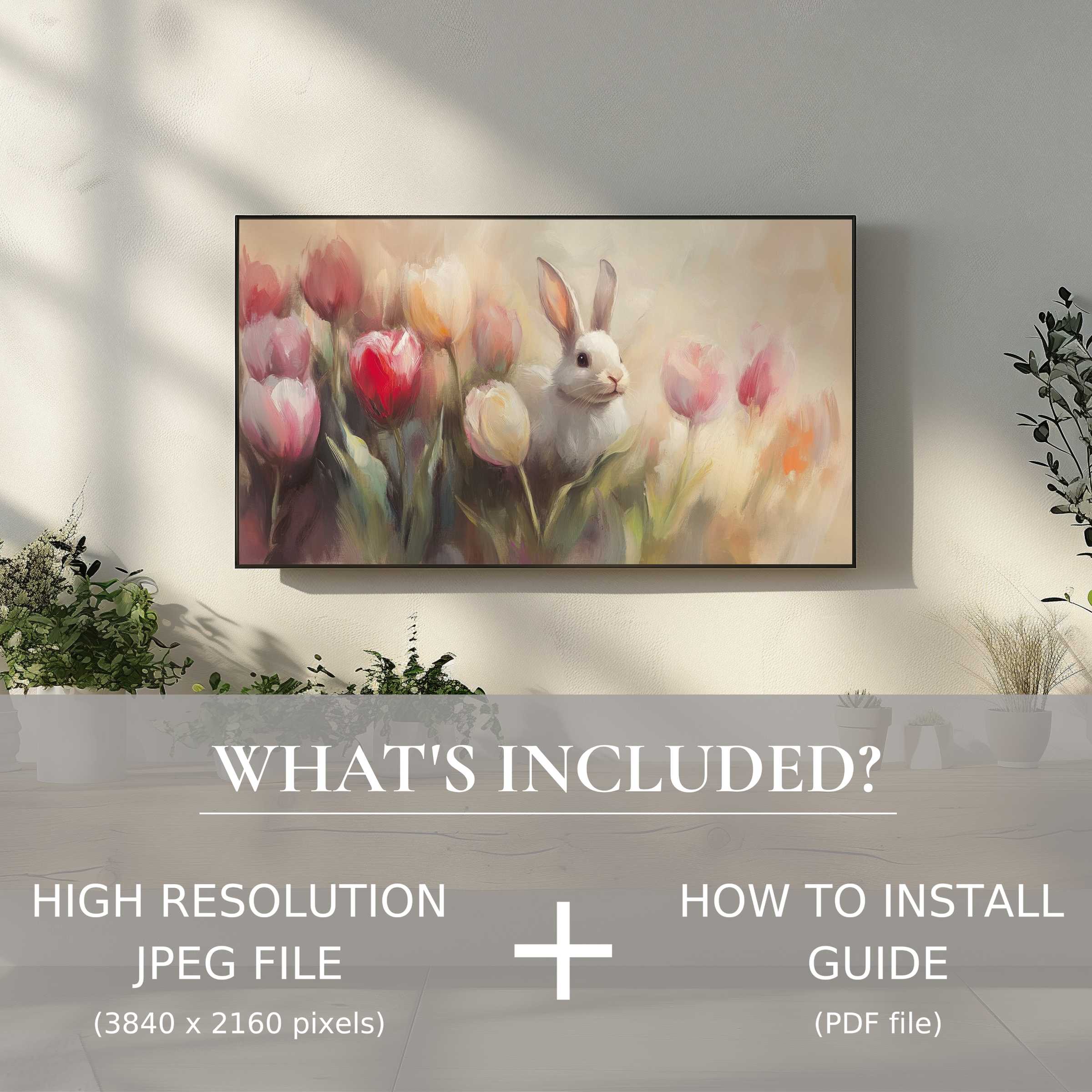 Elegant easter digital TV art download featuring a bunny and tulips, easy to use, enhancing modern living spaces