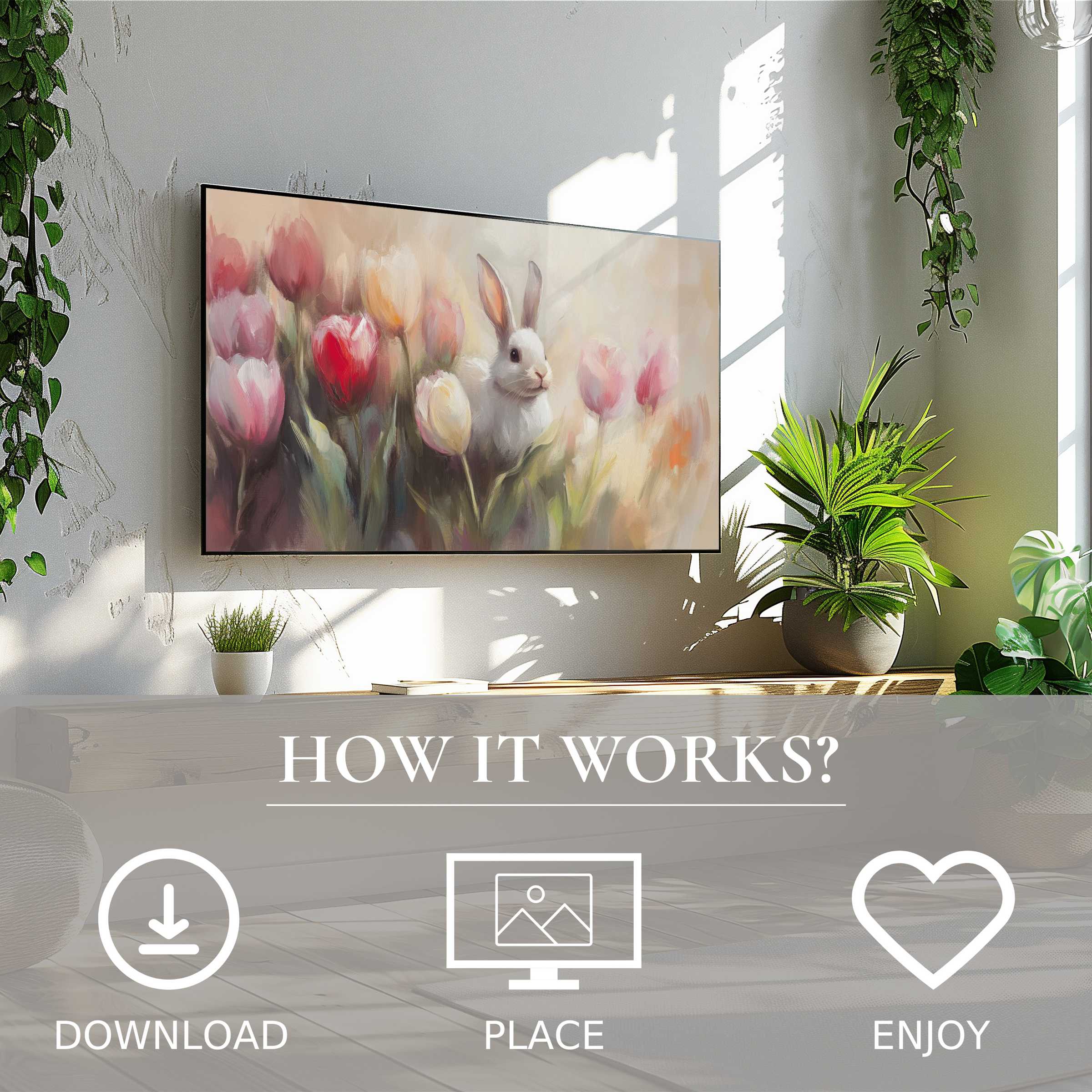 Elegant living room with easter art for Samsung TV, soft pastel bunny and tulips, easy digital download and display