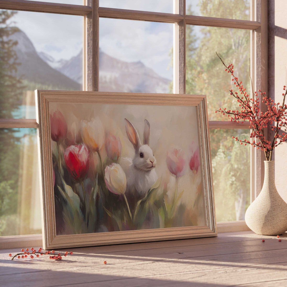 Elegant easter downloadable art featuring a serene bunny amid vibrant tulips, perfect for curated, tranquil interiors