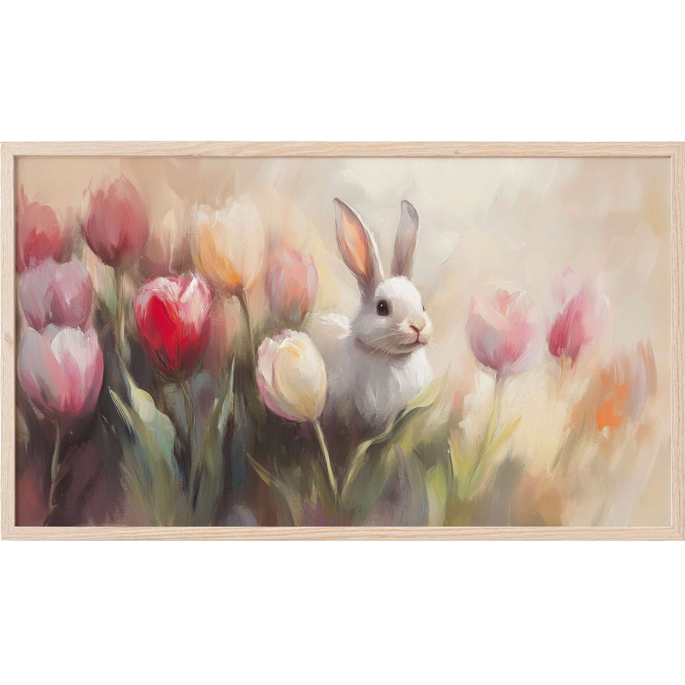 Soft pastel tulips with a gentle white rabbit in a dreamy, painterly style for elegant easter Frame TV Art
